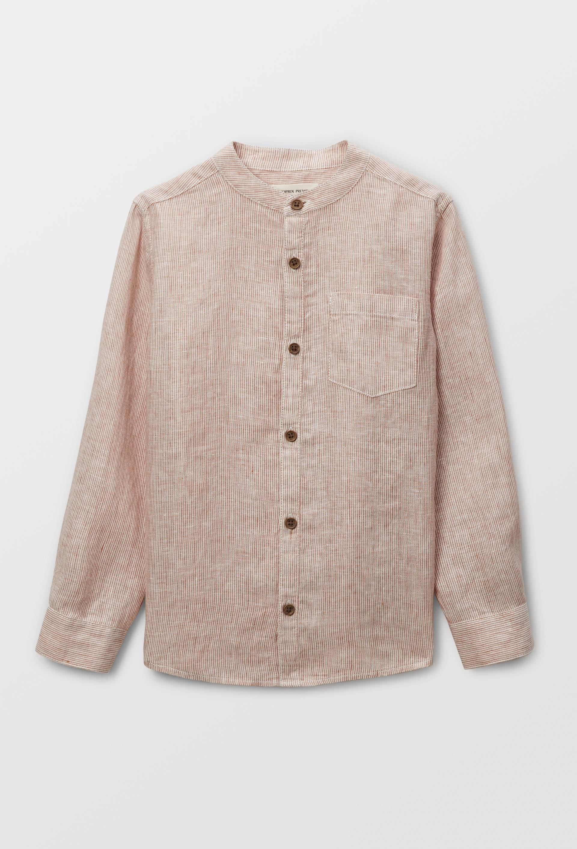 Chemise col mao rayée en 100% lin, Brun, swatch image