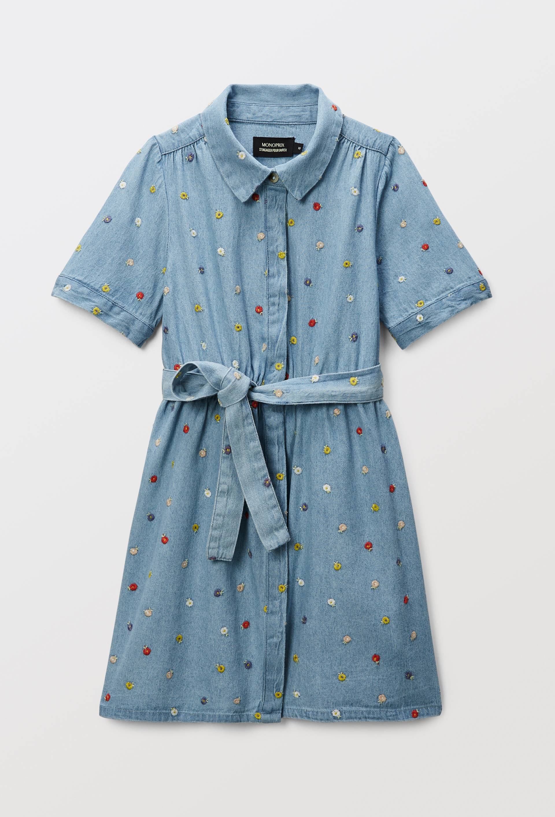 Robe boutonn&eacute;e col chemise brod&eacute;e en jean, Bleu clair, large image number 0