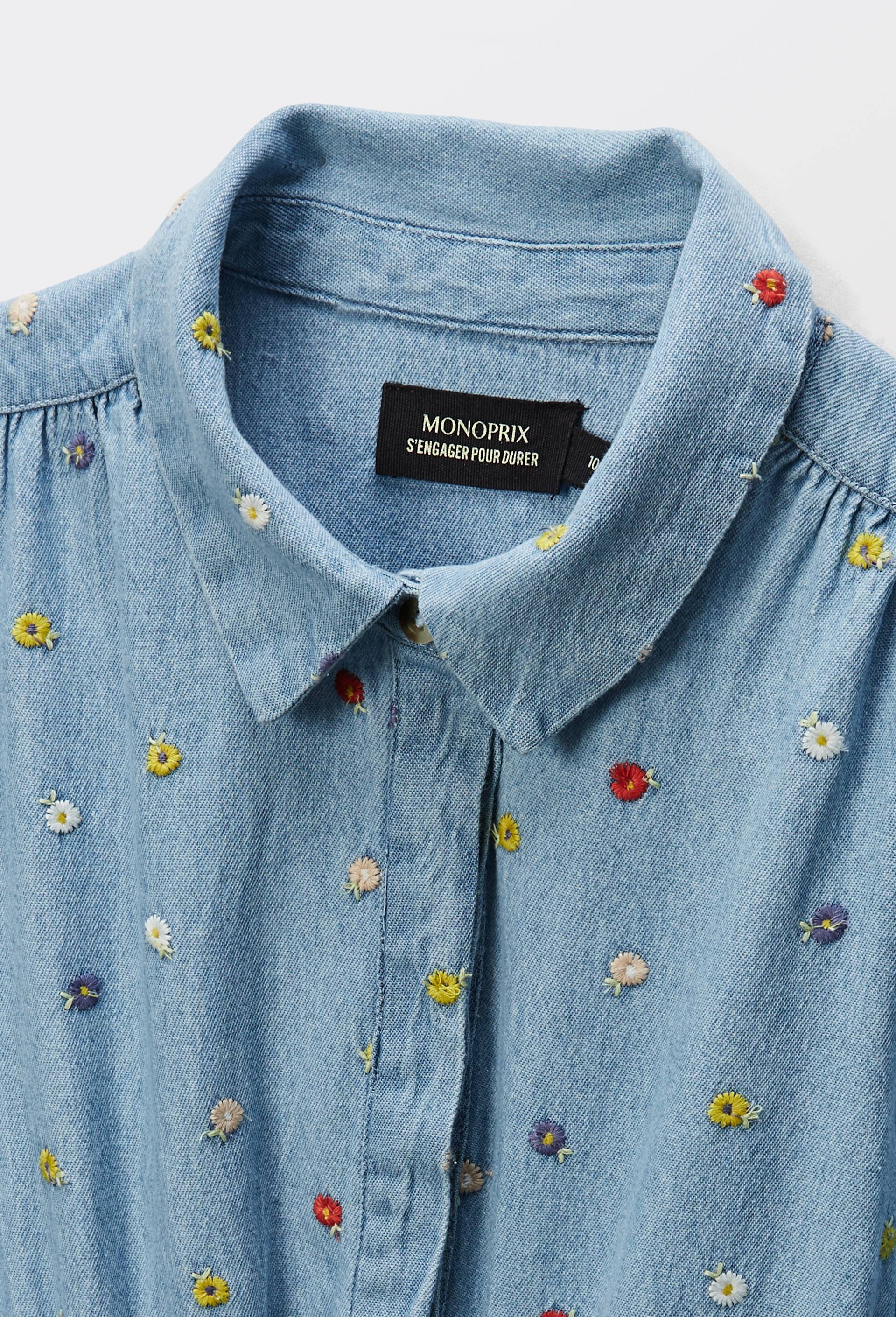Robe boutonn&eacute;e col chemise brod&eacute;e en jean, Bleu clair, large image number 2.0