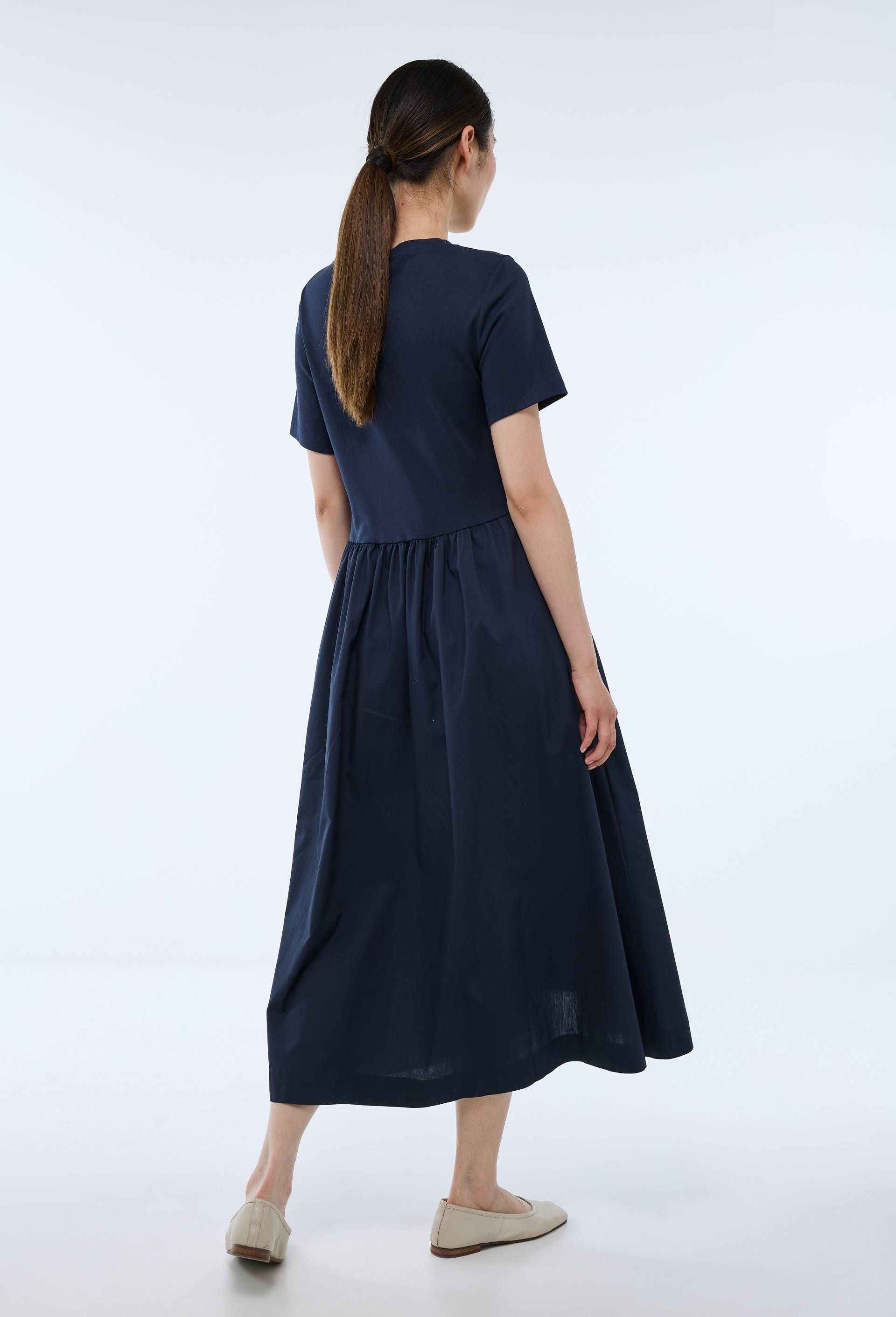 Robe longue bi-mati&egrave;re unie, Bleu fonc&eacute;, large image number 1