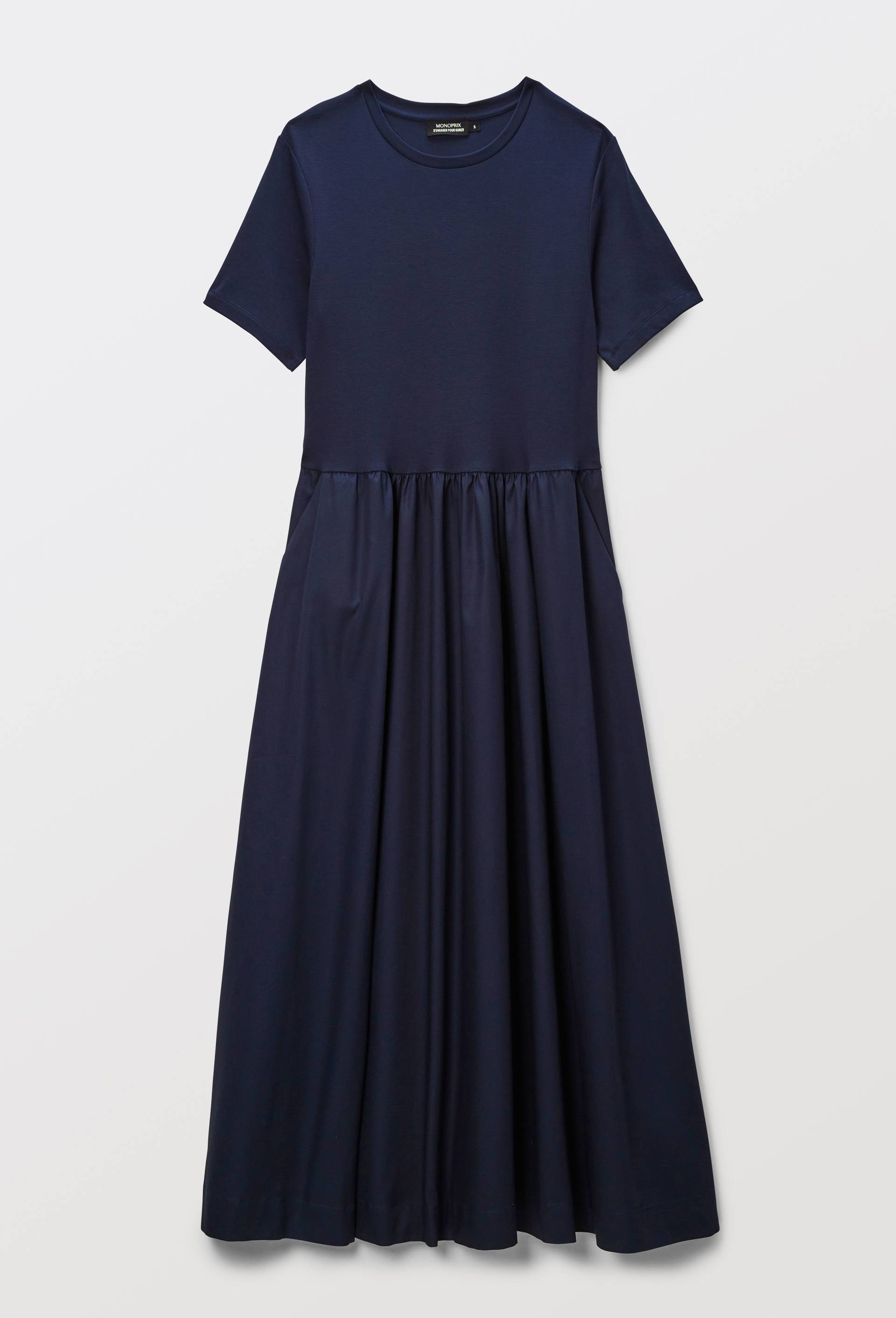 Robe longue bi-mati&egrave;re unie, Bleu fonc&eacute;, large image number 2