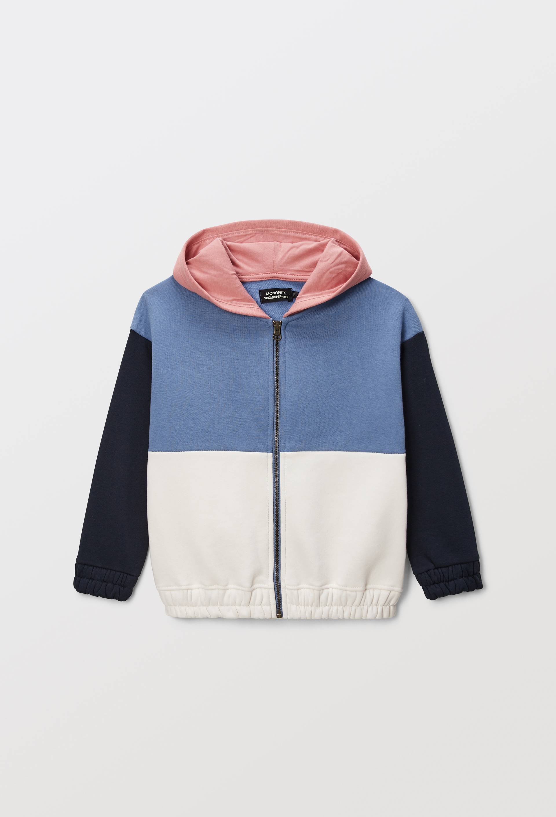 Sweat tricolore &agrave; capuche avec zip en coton BIO GOTS, Bleu, large image number 0