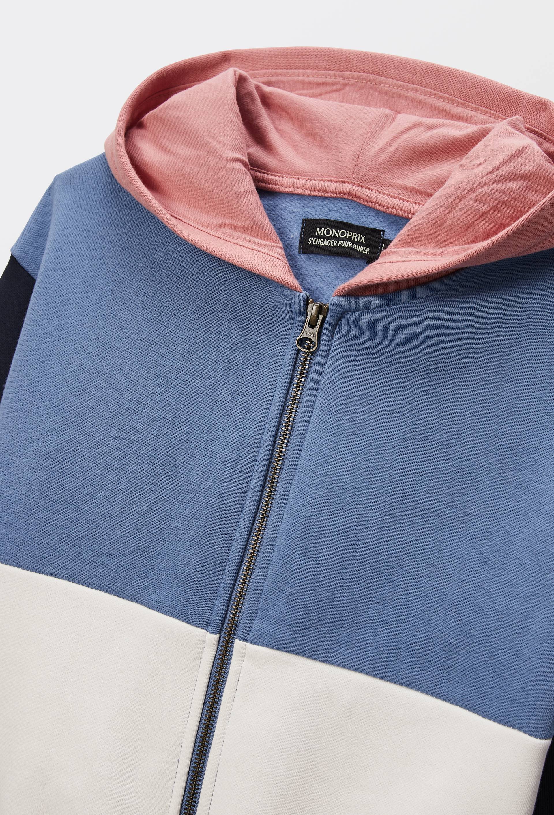 Sweat tricolore &agrave; capuche avec zip en coton BIO GOTS, Bleu, large image number 2.0