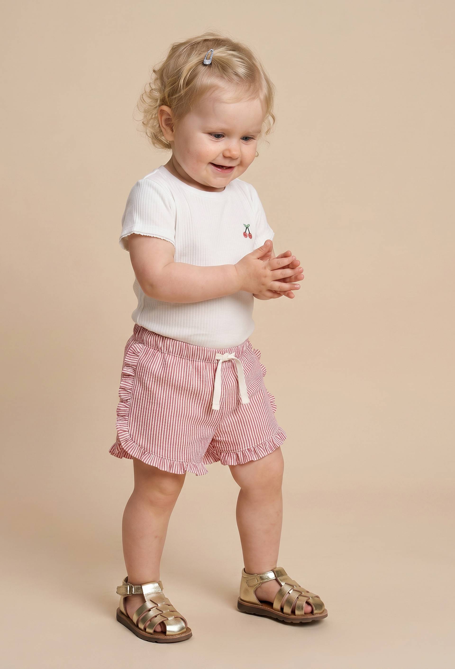 Short taille &eacute;lastique ray&eacute; en coton BIO GOTS, Orange, large image number 0.0