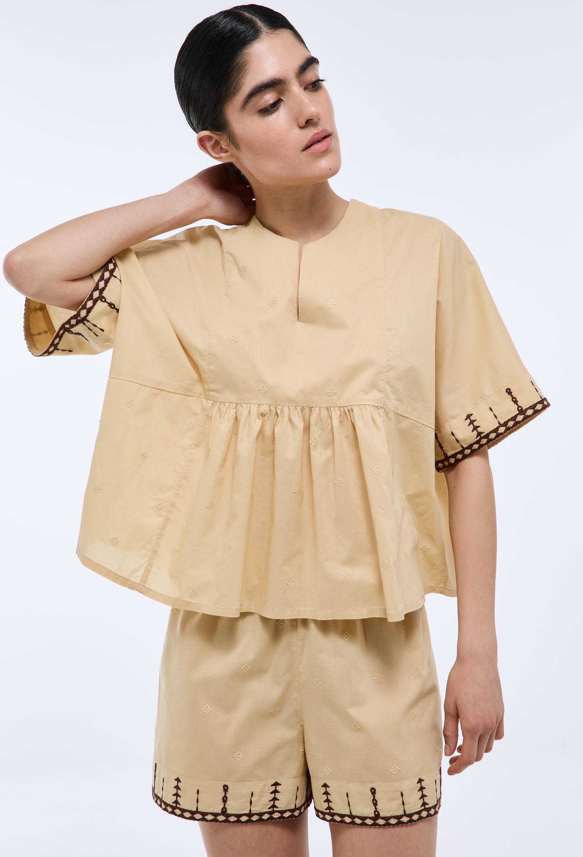 Pyjashort &agrave; broderies en coton, Jaune clair, large image number 0.0