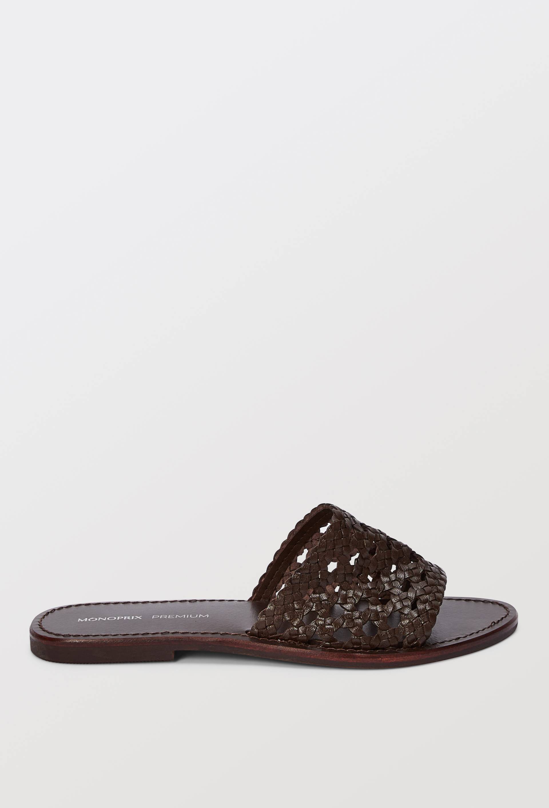 Claquettes en cannage en cuir, Brun foncé, large image number 0