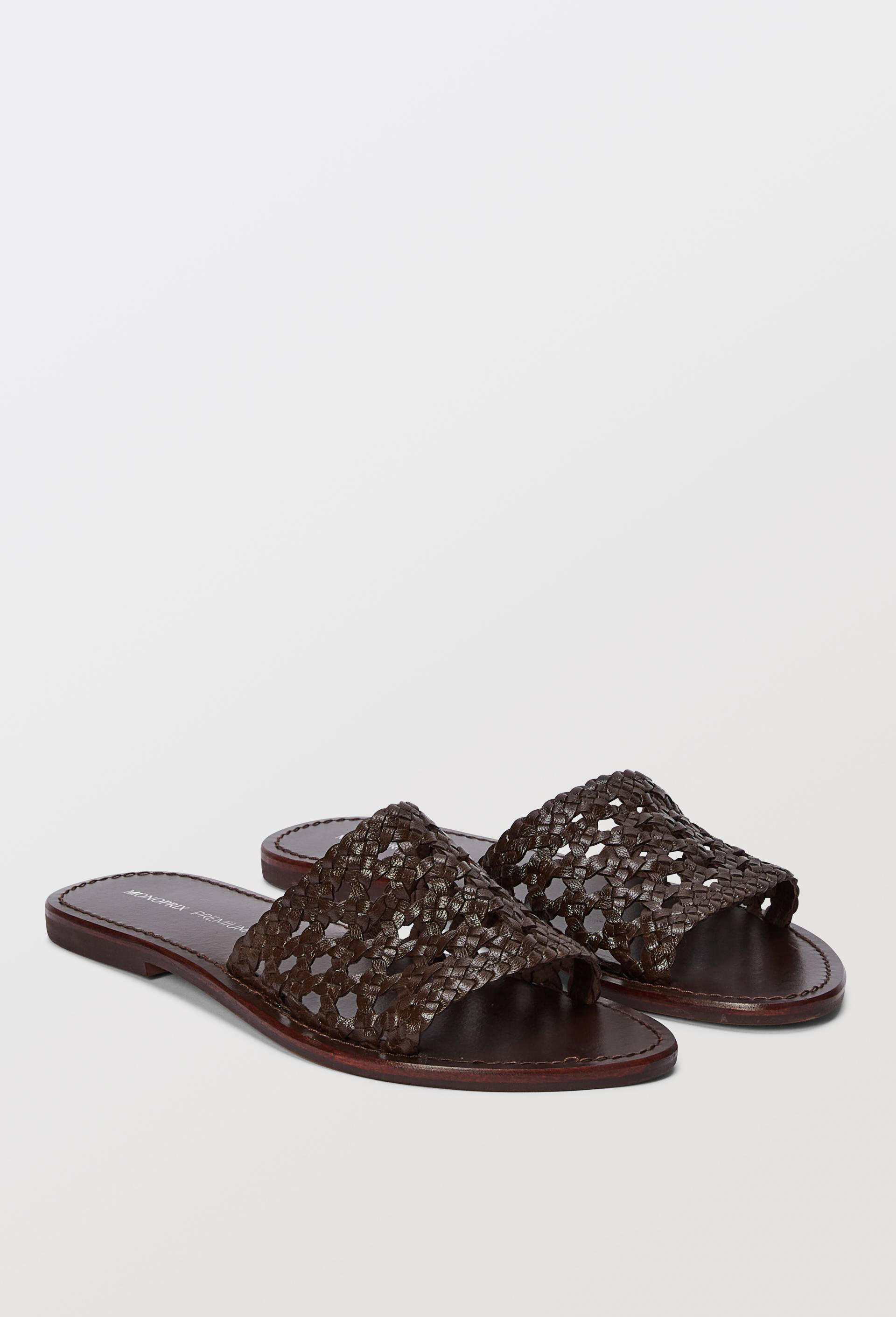 Claquettes en cannage en cuir, Brun foncé, large image number 1