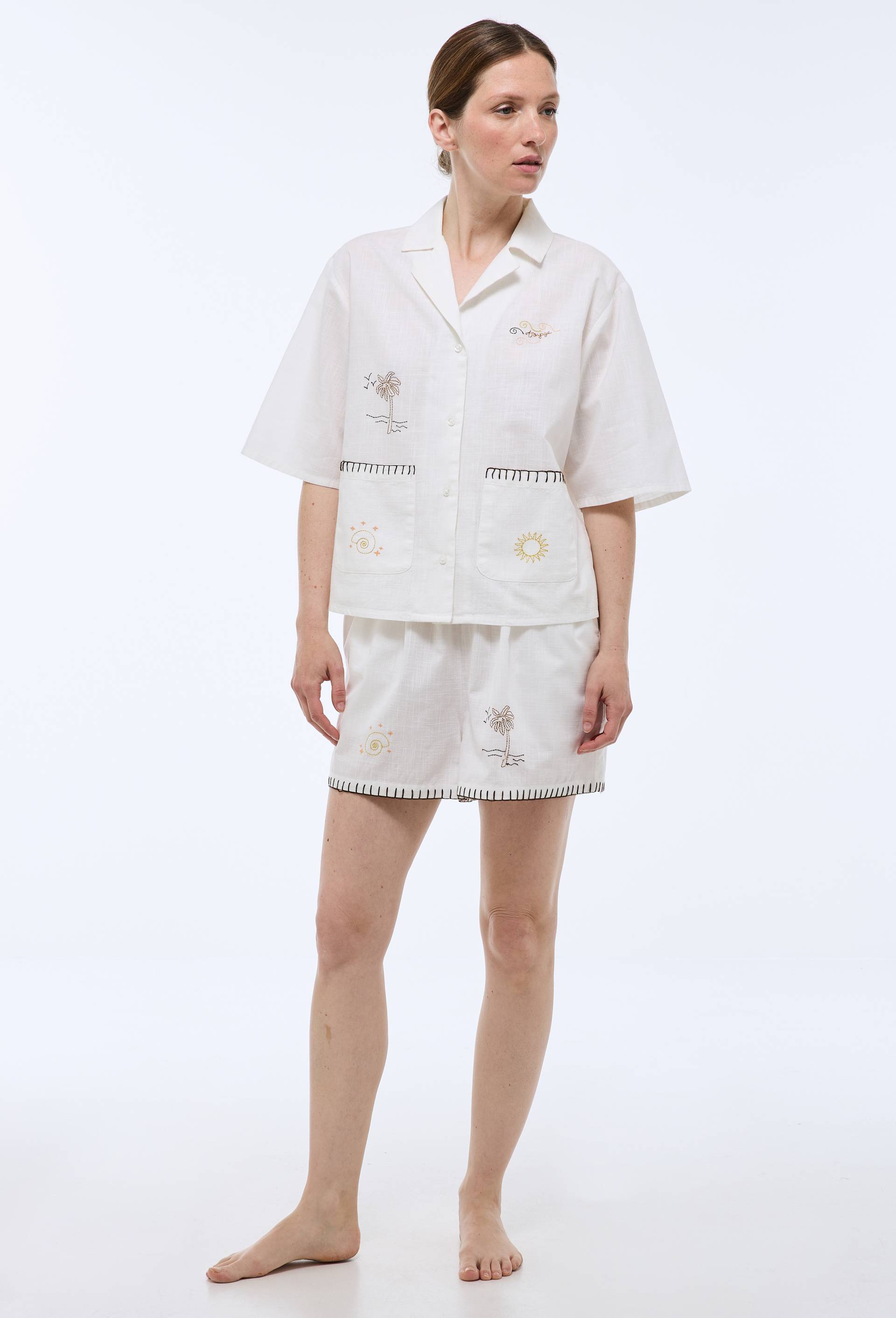Pyjashort brod&eacute; en coton BIO GOTS, Ecru, large image number 0