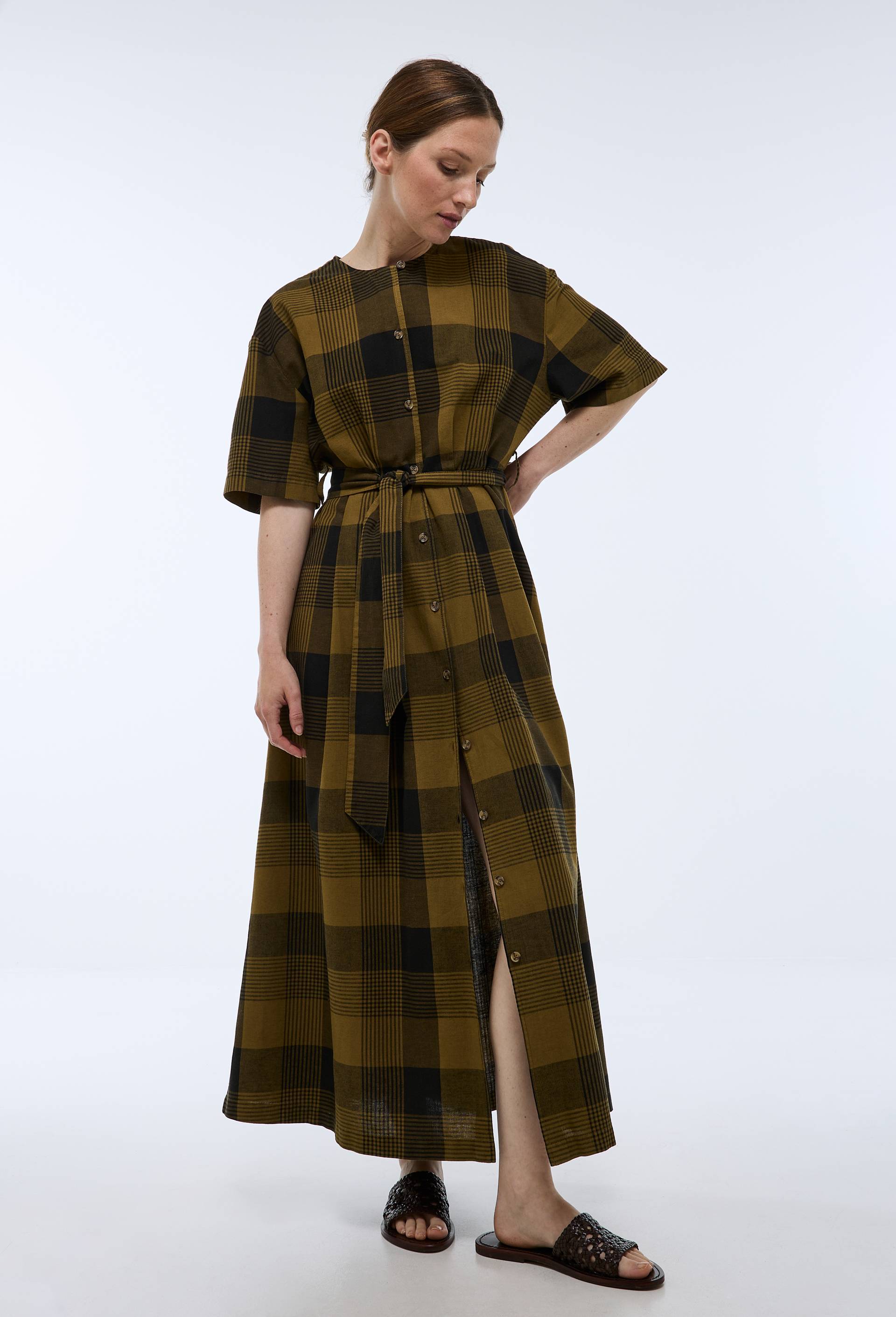 Robe cintrée à carreaux contenant du lin - MONOPRIX - Modalova