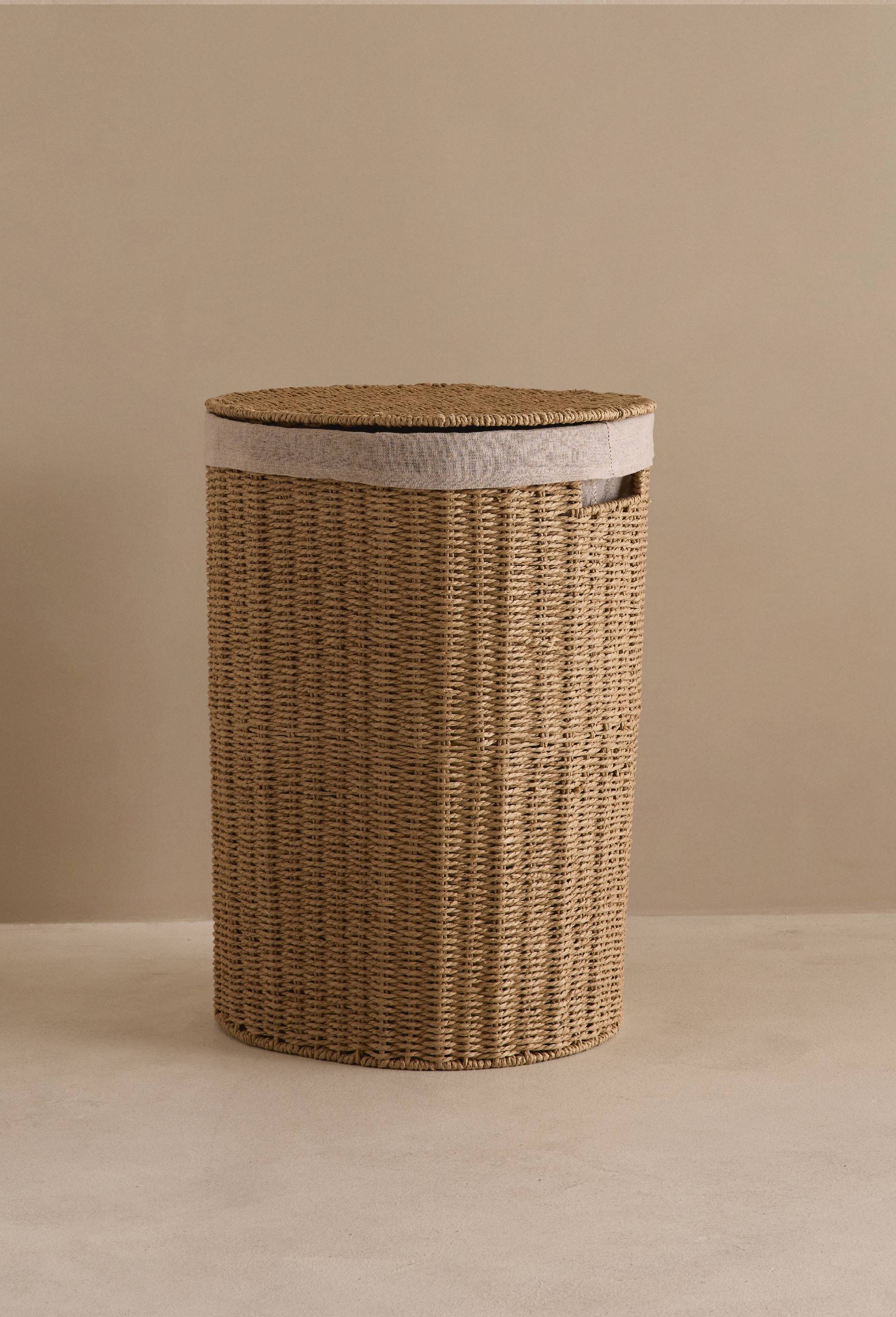Panier haut oval, 41x34xH55 cm, en papier et tissu, Beige, large image number 0