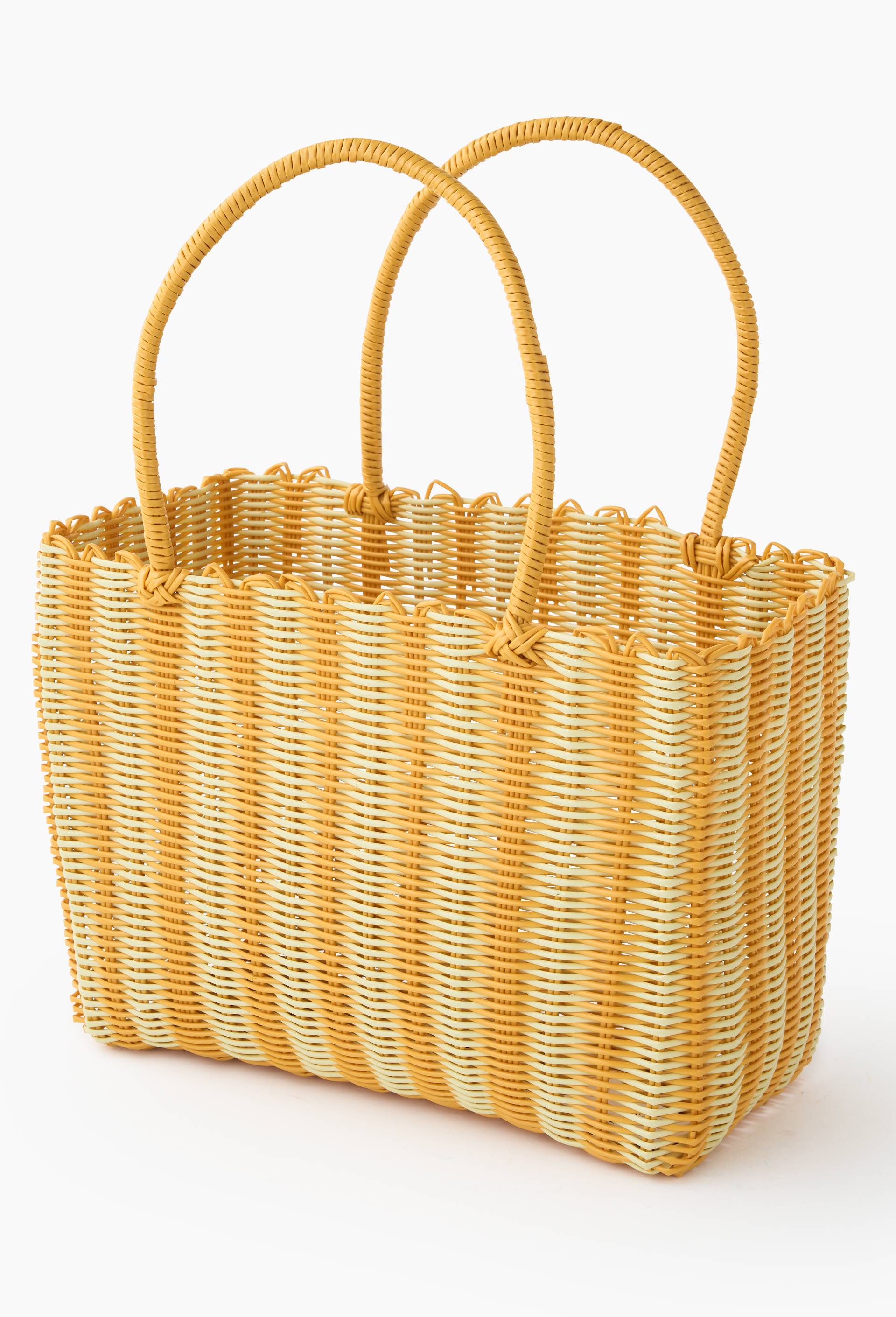Panier scoubidou rectangulaire ray&eacute;, 31x40x20cm, en plastique, Jaune clair, swatch image
