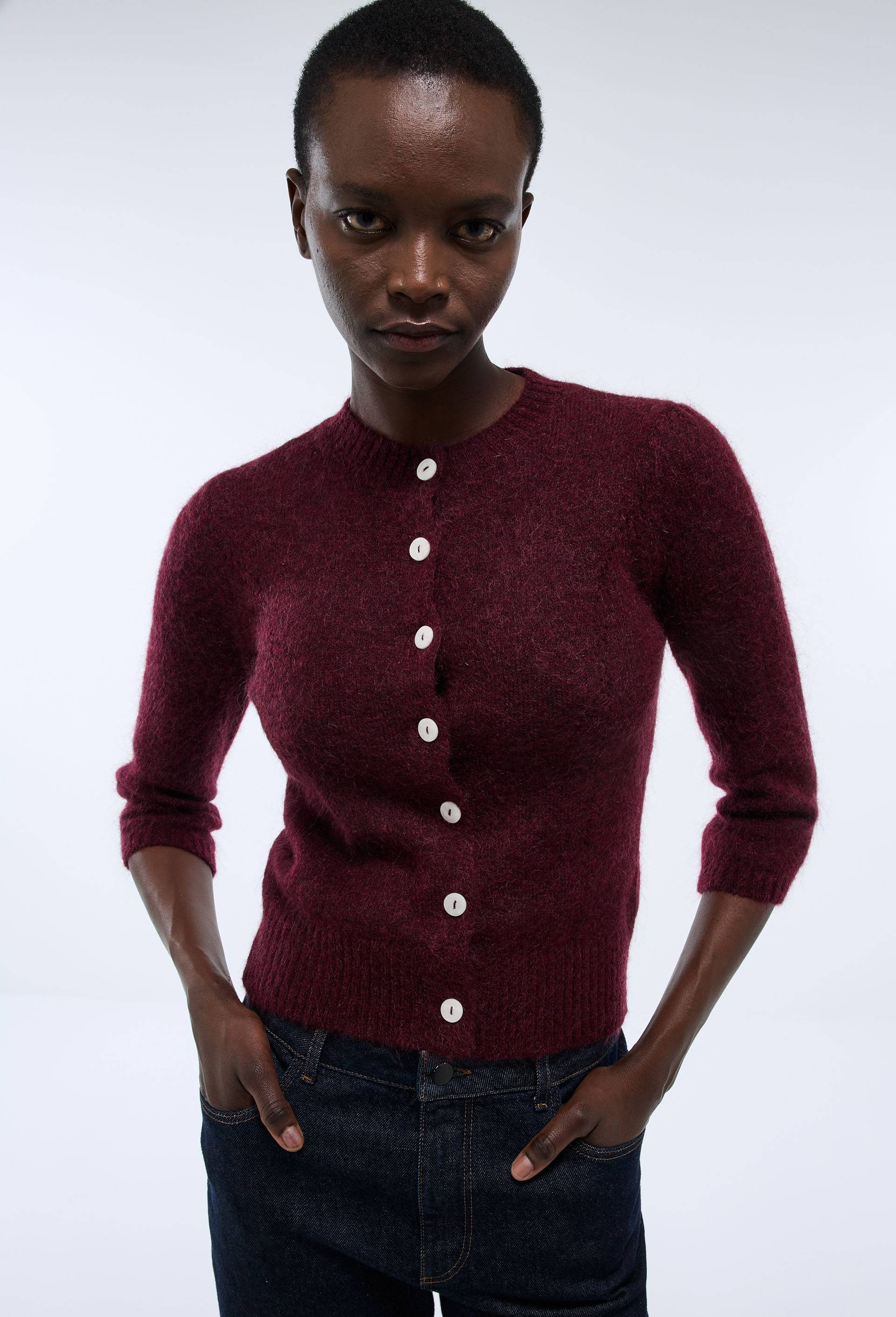 Cardigan manches coudes contenant du mohair, Rouge foncé, large image number 1.0