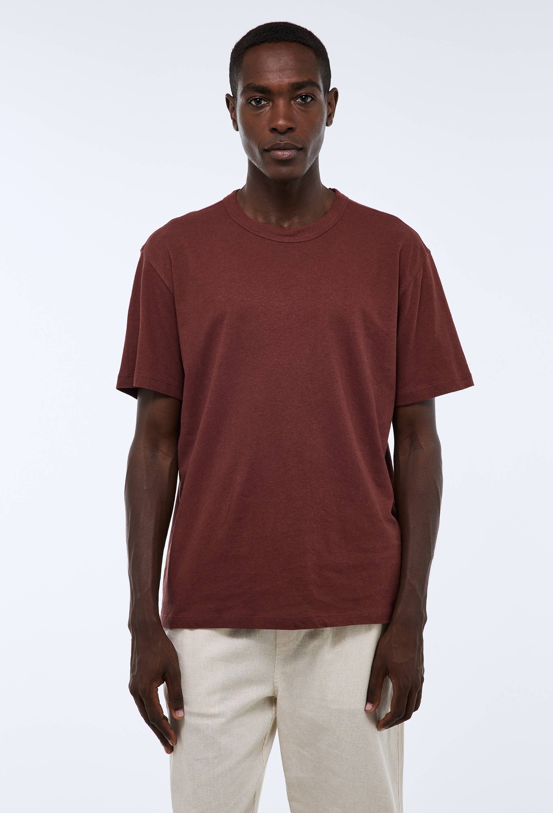 T-shirt manches courtes en mélange coton et lin, Brun foncé, swatch image