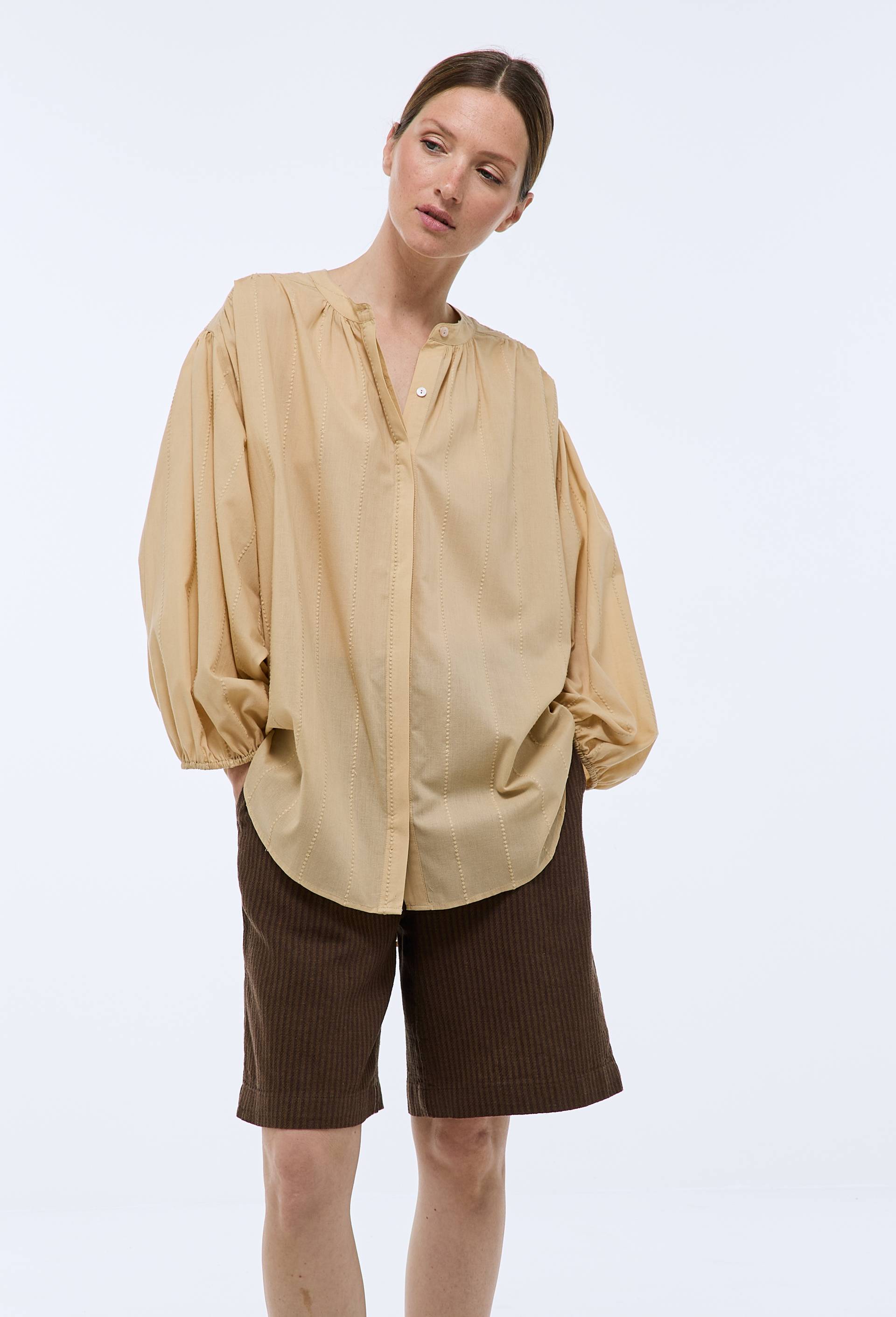 Chemise manches trois quarts brod&eacute;e en coton BIO GOTS, Jaune clair, large image number 0