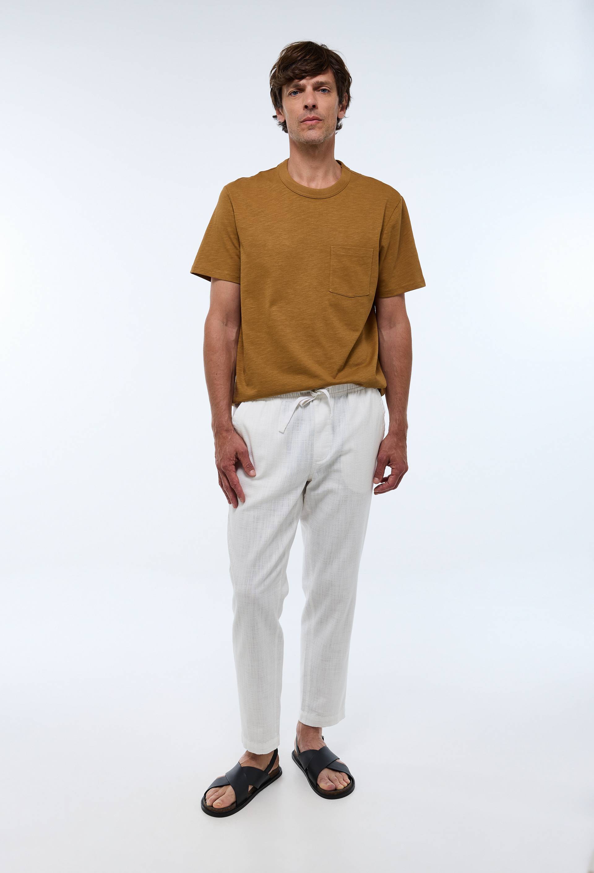 Pantalon taille &eacute;lastiqu&eacute;e en coton BIO GOTS, Ecru, swatch image