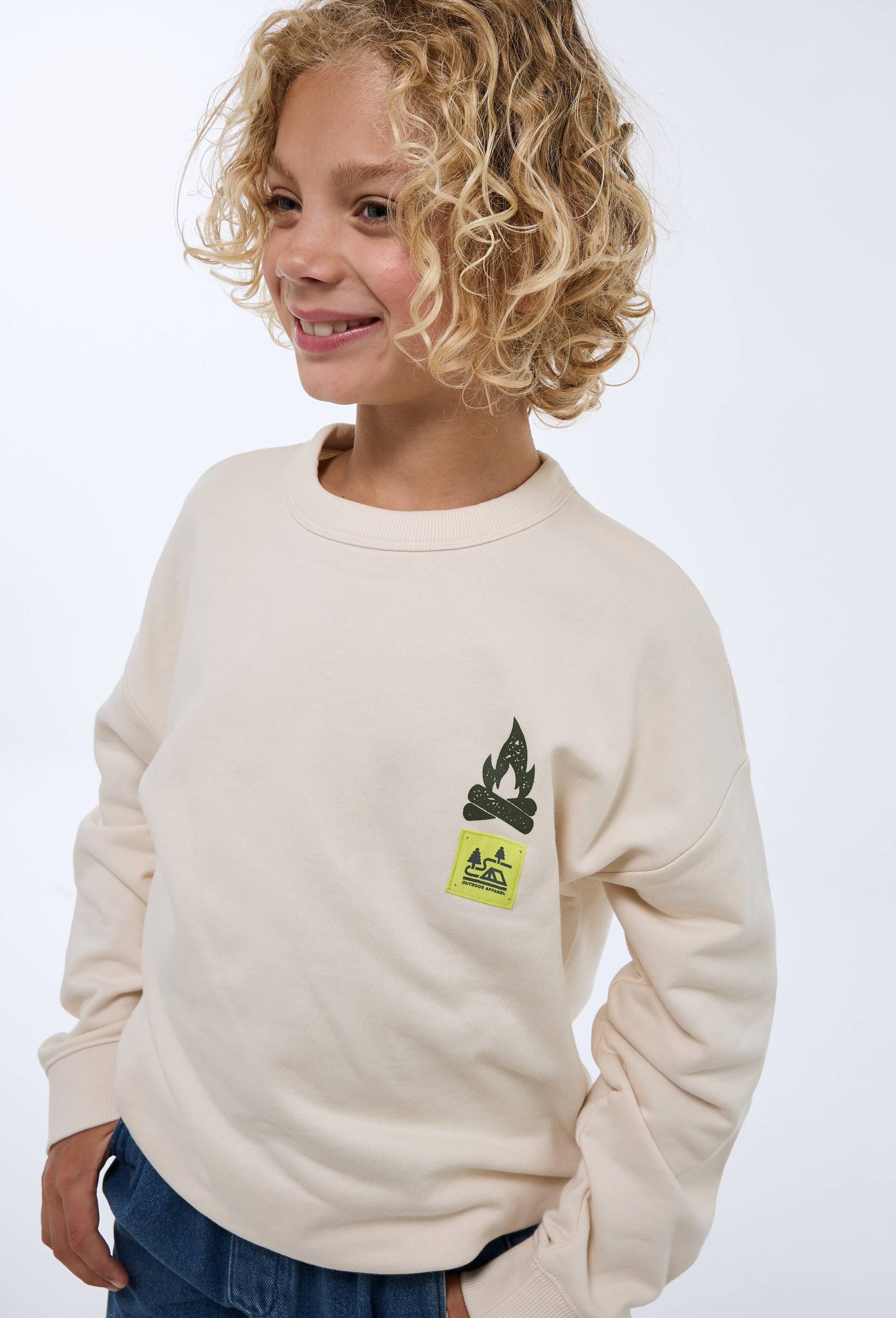Sweat col rond imprim&eacute; dans le dos en coton BIO GOTS, Beige clair, large image number 0