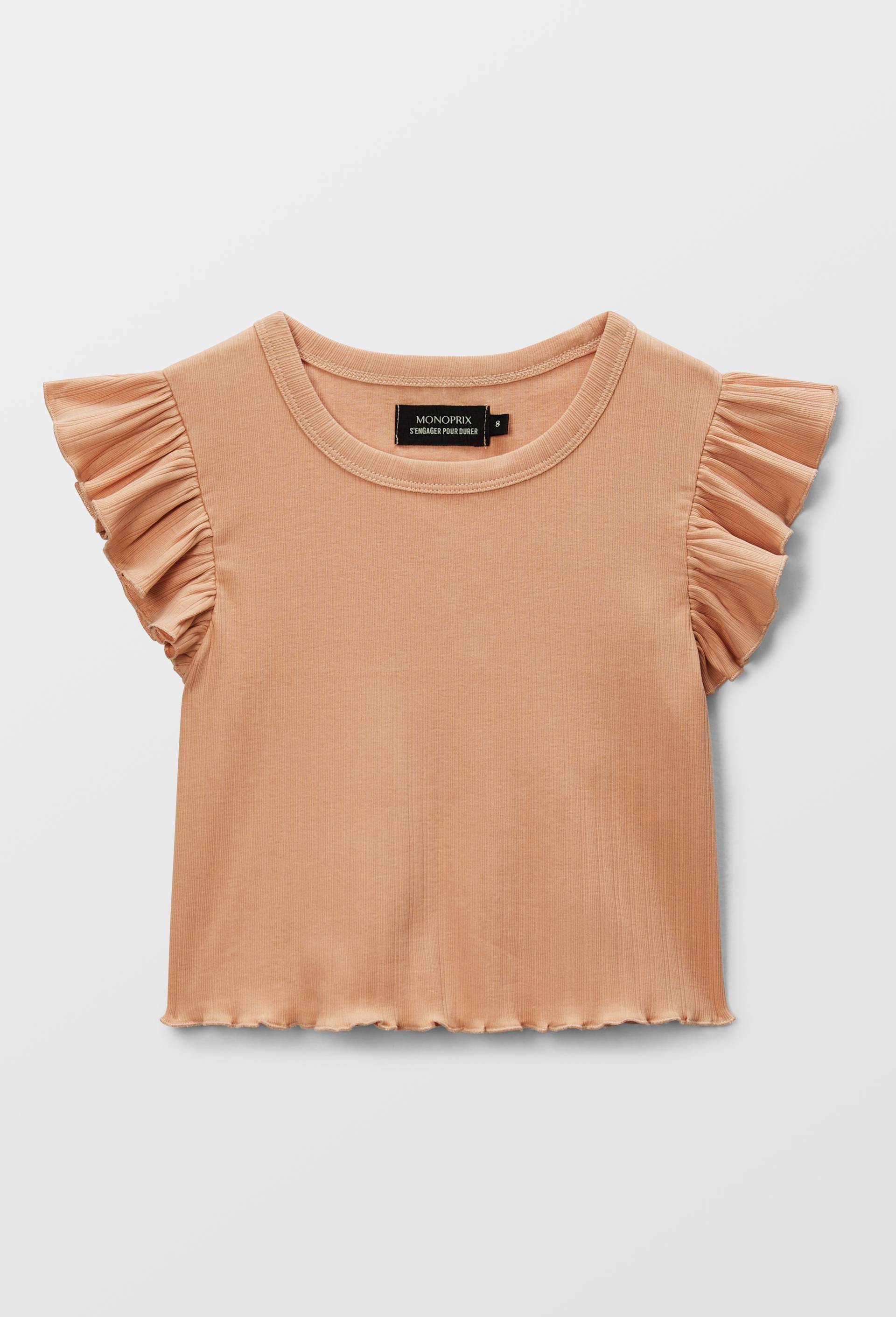 T-shirt manches volantes uni en coton, Orange clair, large image number 1
