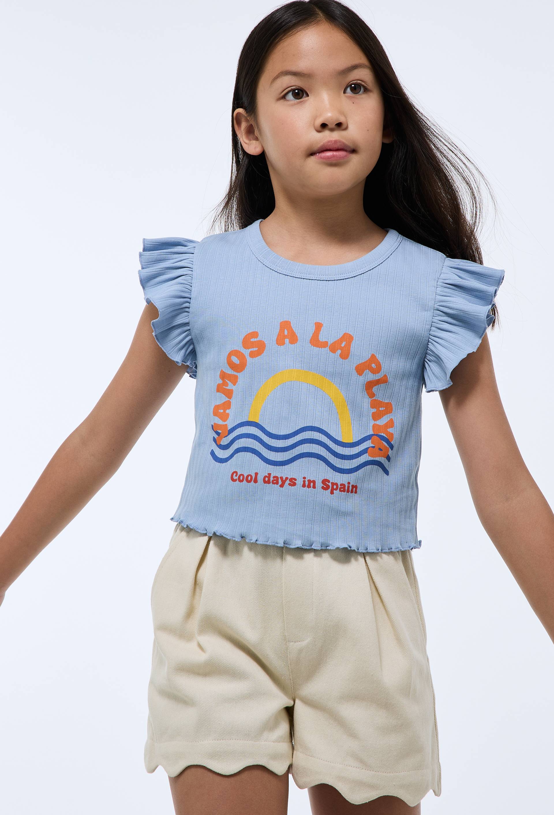 T-shirt manches volantes imprim&eacute; en coton, Bleu clair, large image number 0