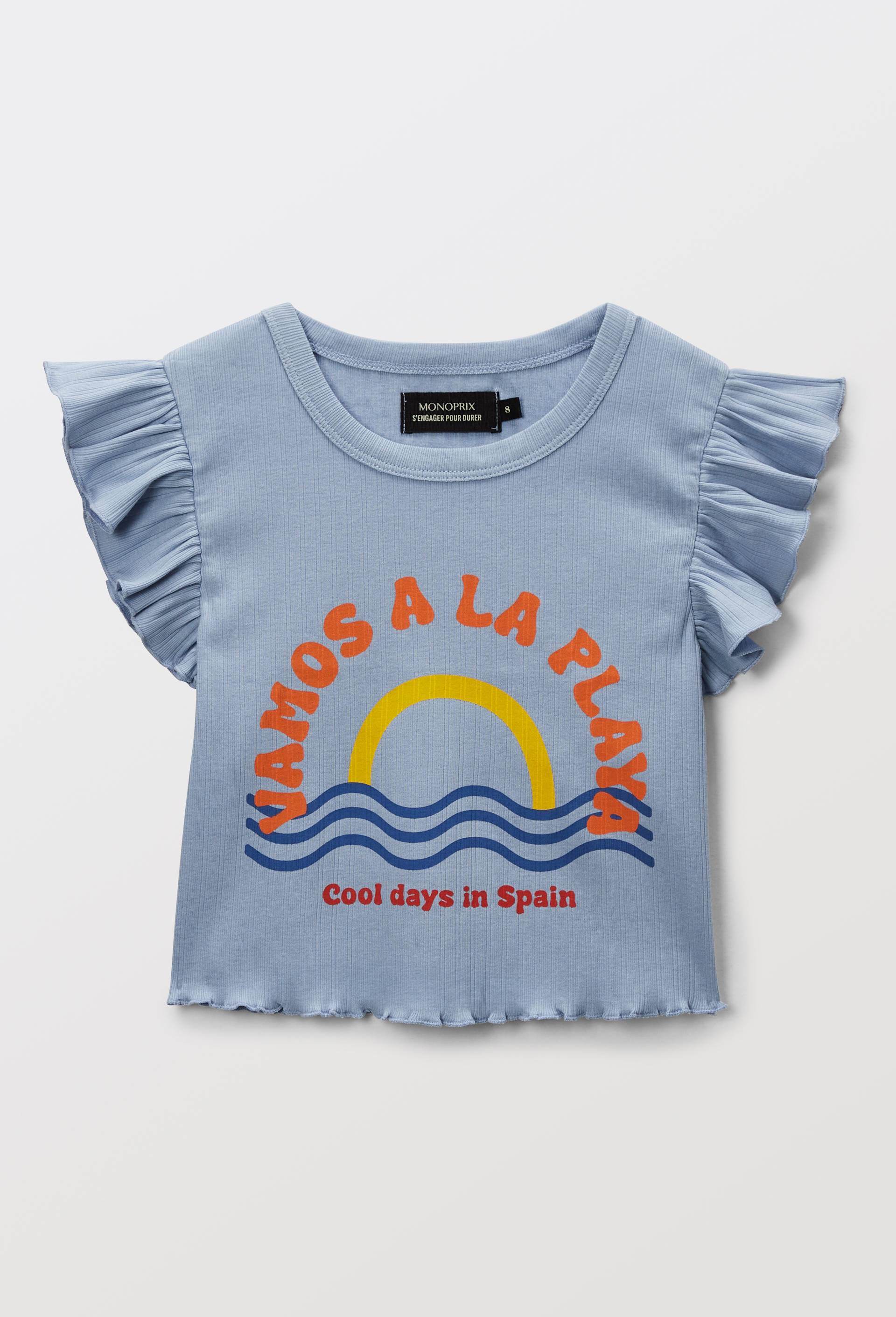 T-shirt manches volantes imprim&eacute; en coton, Bleu clair, large image number 1.0