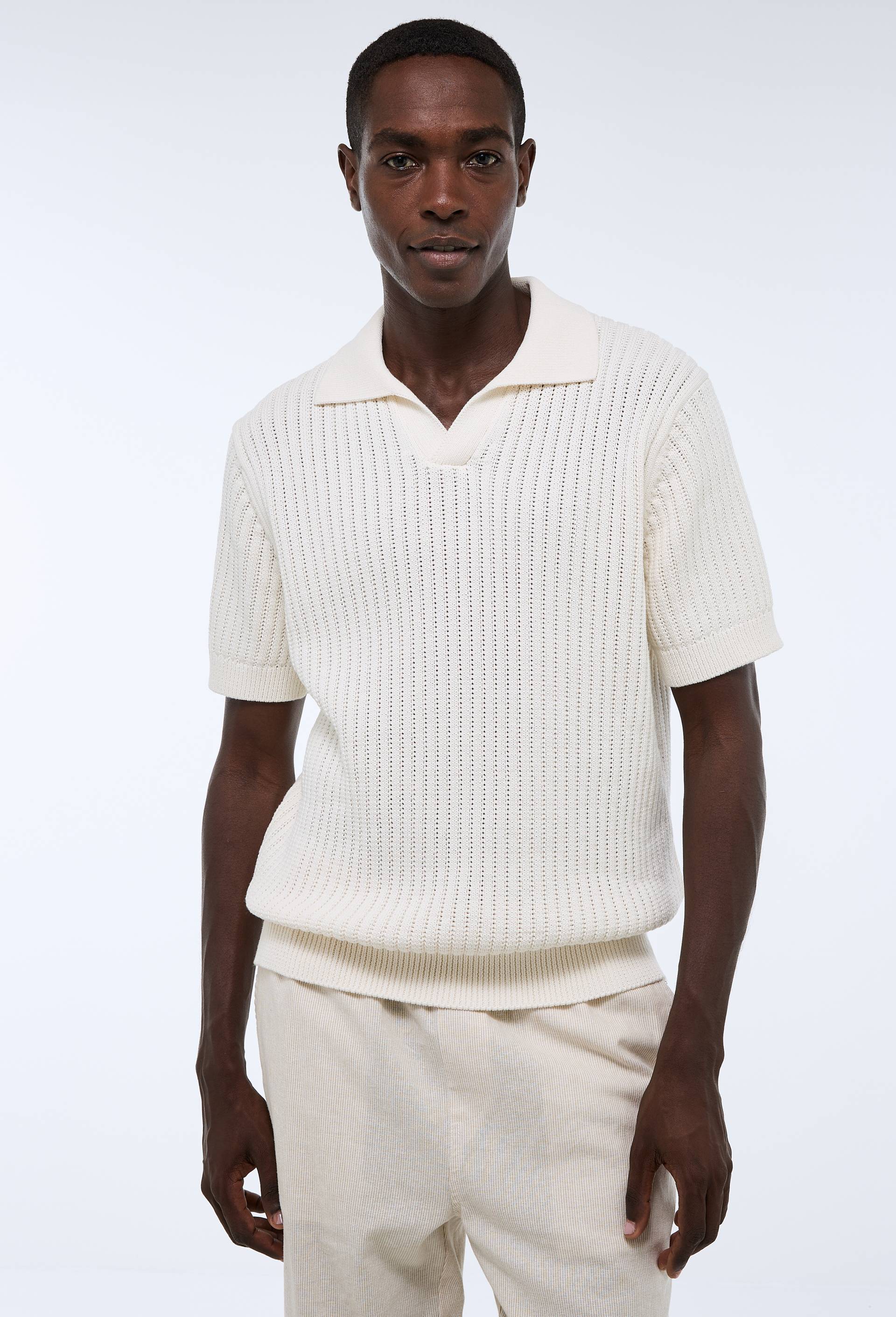 Polo manches courtes à côtes, Ecru, swatch image