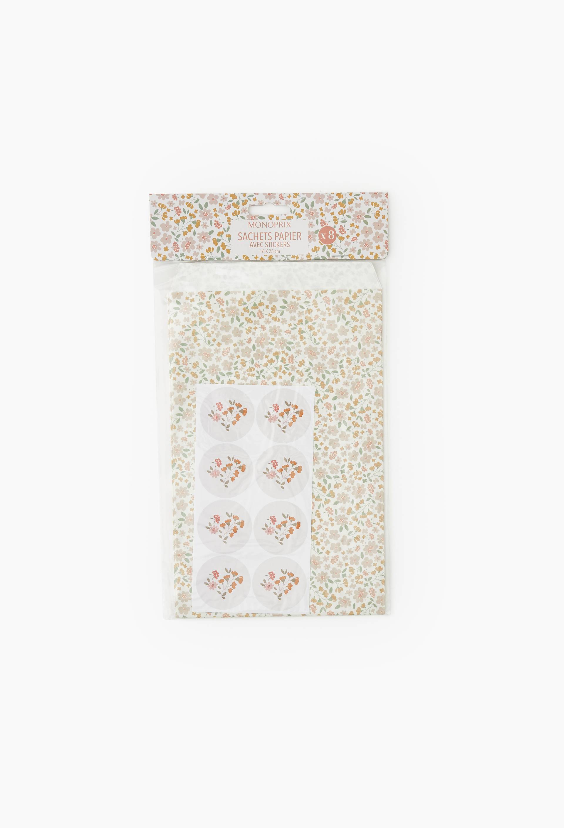 8 pochettes en papier avec stickers fleurs, , large image number 0