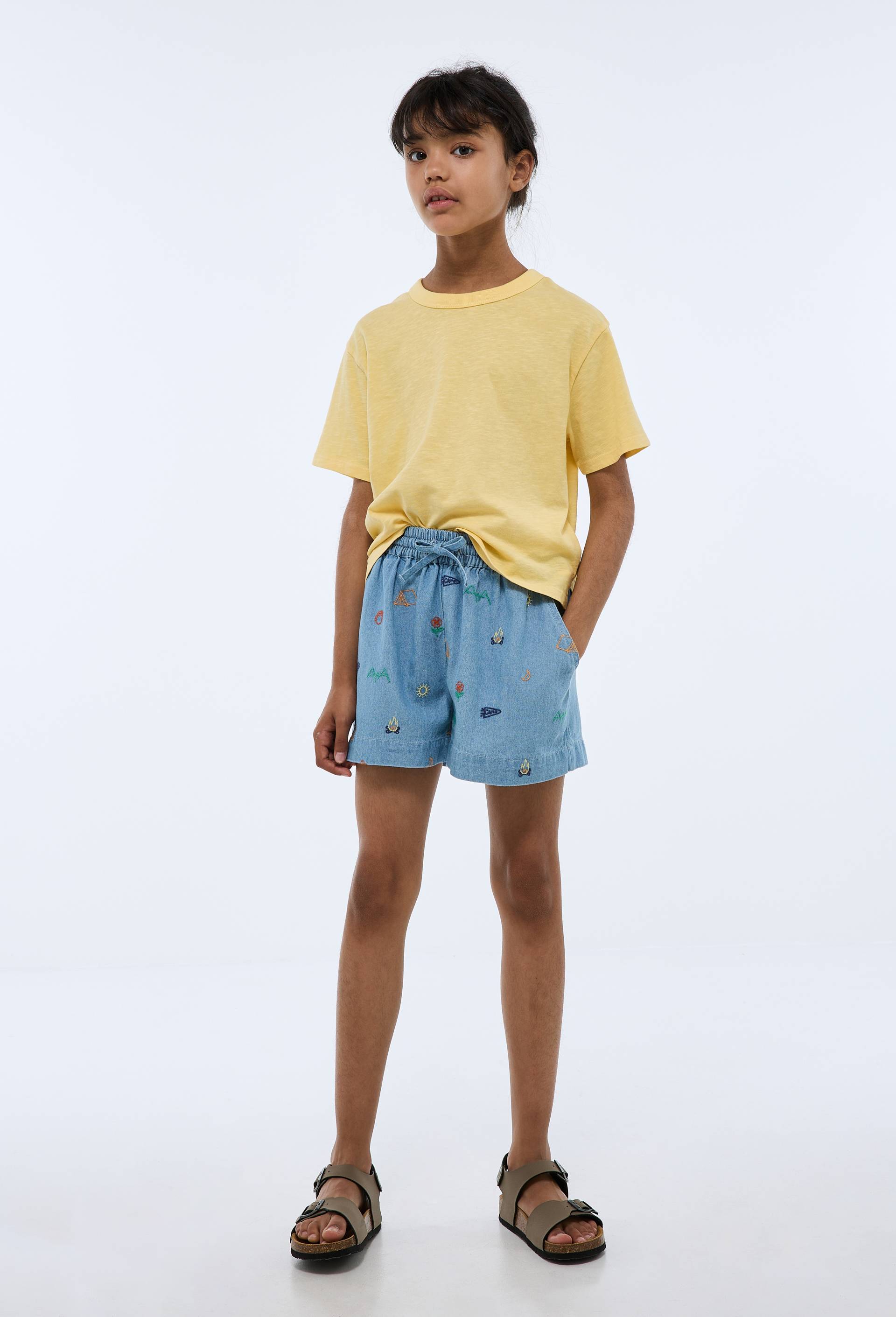 Short taille &eacute;lastiqu&eacute;e brod&eacute; en jean, Bleu clair, large image number 0.0