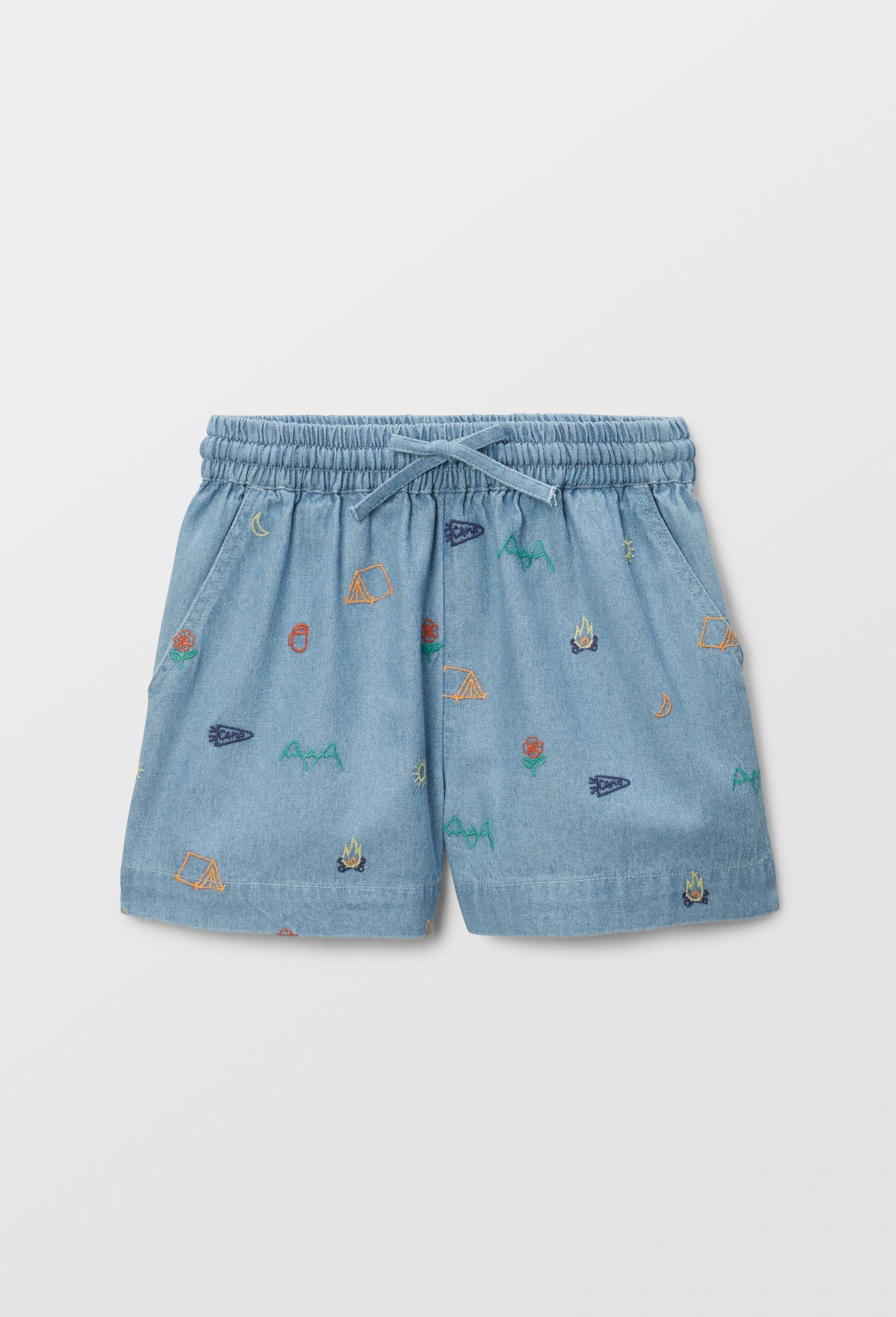 Short taille &eacute;lastiqu&eacute;e brod&eacute; en jean, Bleu clair, large image number 1