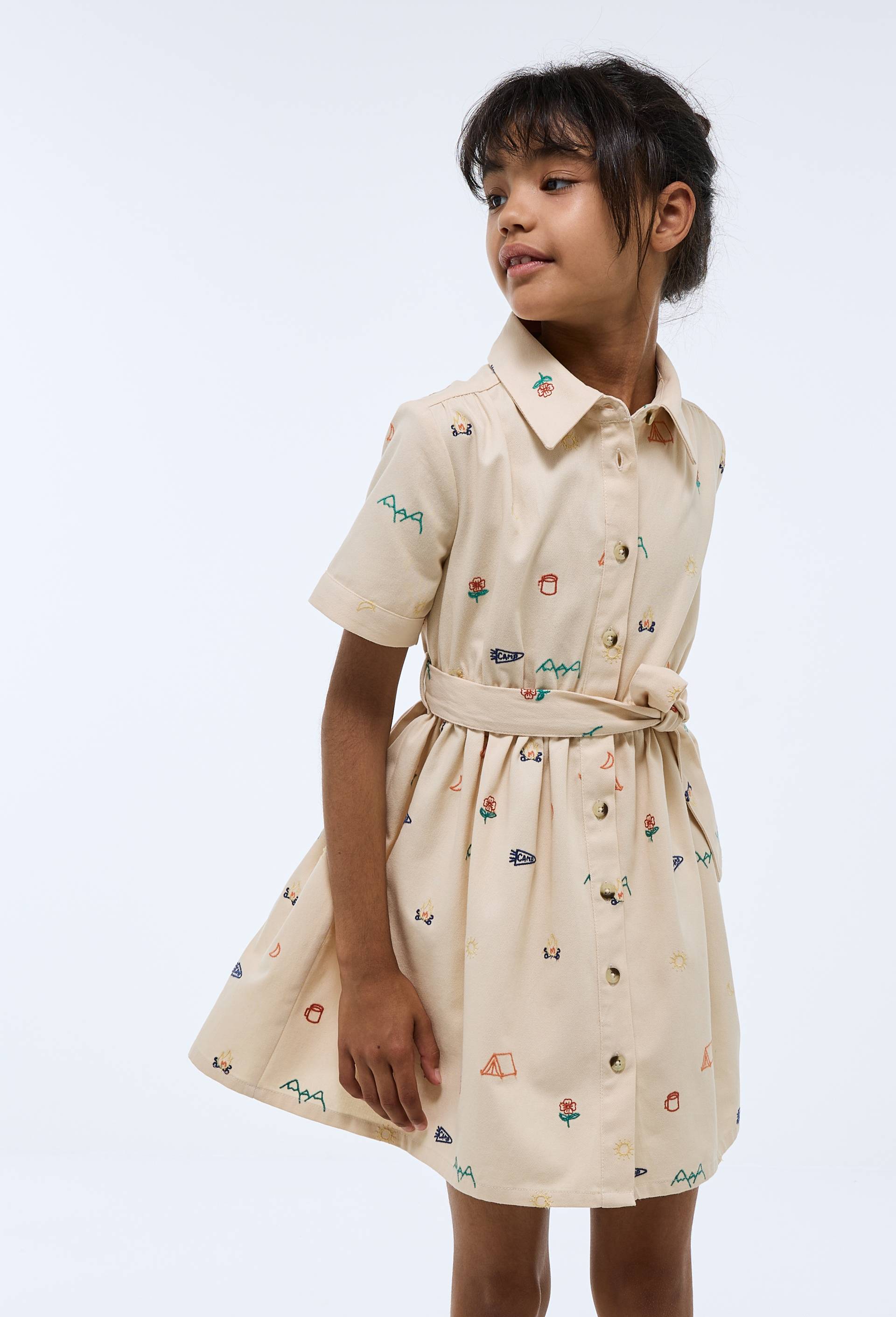 Robe boutonn&eacute;e brod&eacute;e en jean, Ecru, large image number 0