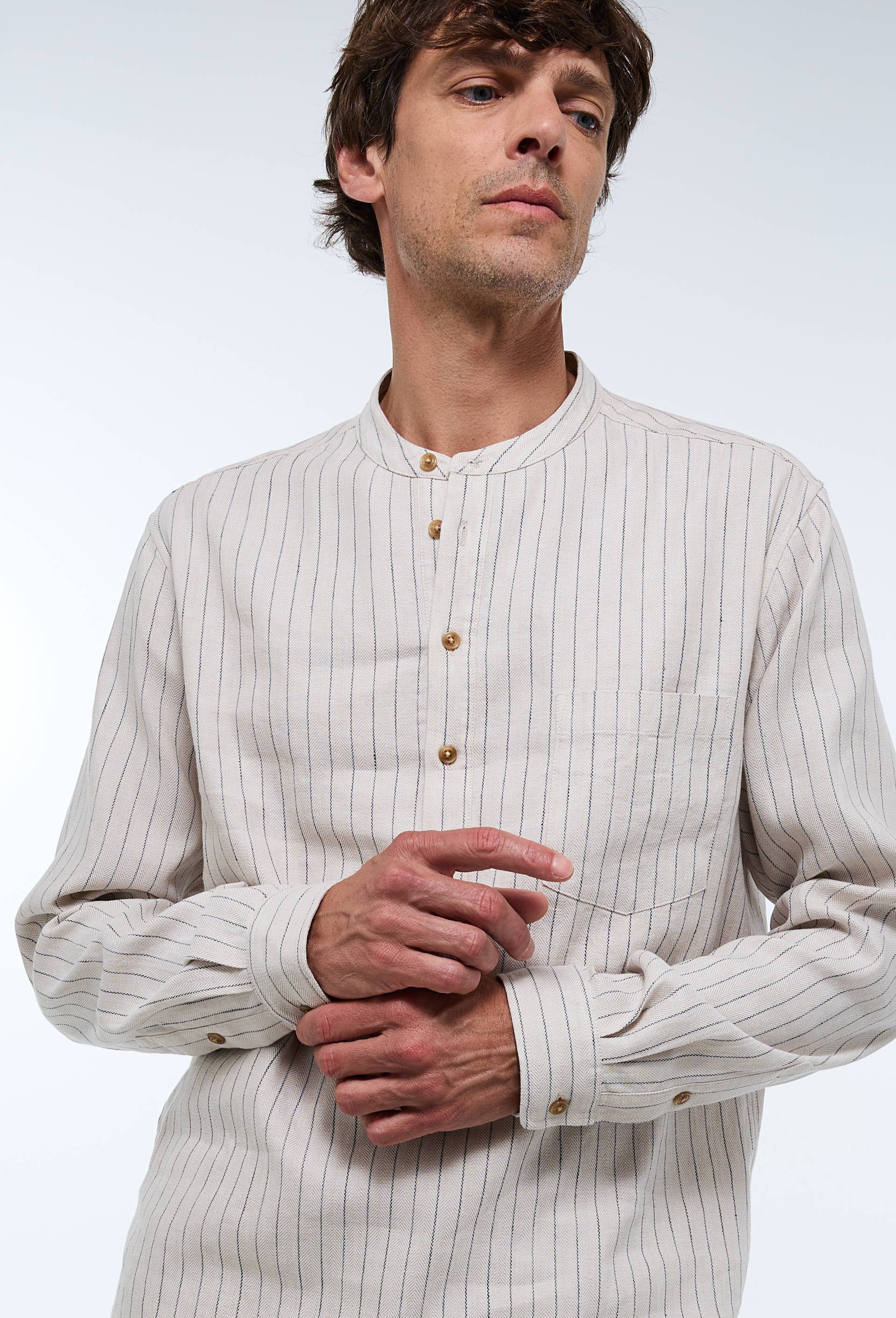 Chemise col mao en lin et coton, Ecru, large image number 0