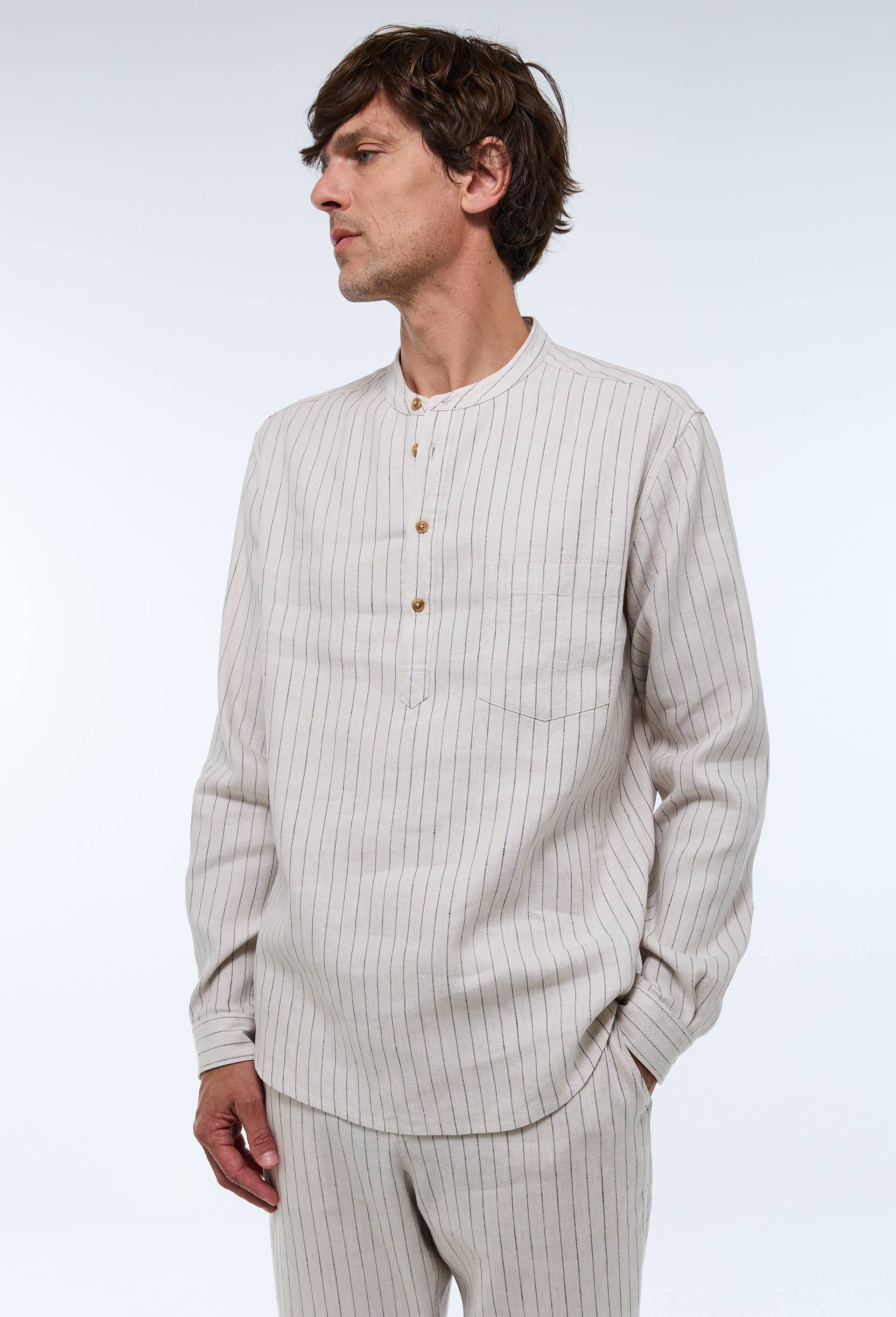 Chemise col mao en lin et coton, Ecru, large image number 1.0