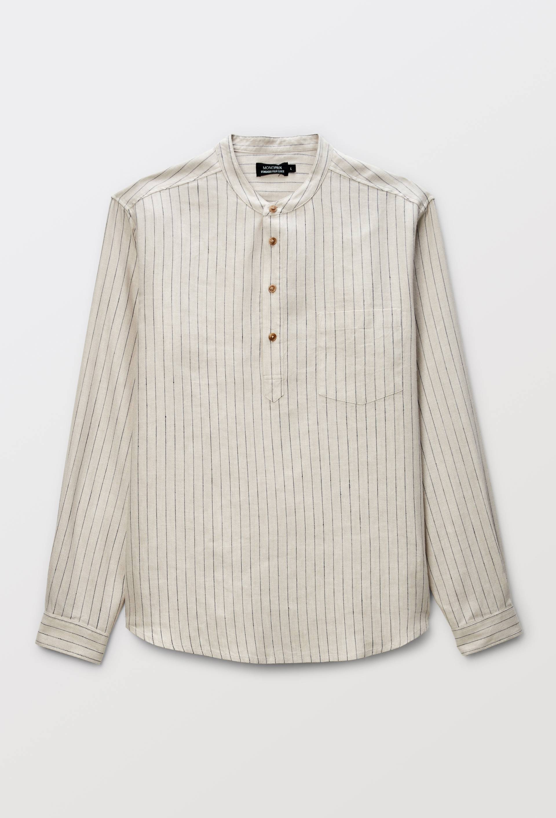 Chemise col mao en lin et coton, Ecru, large image number 3