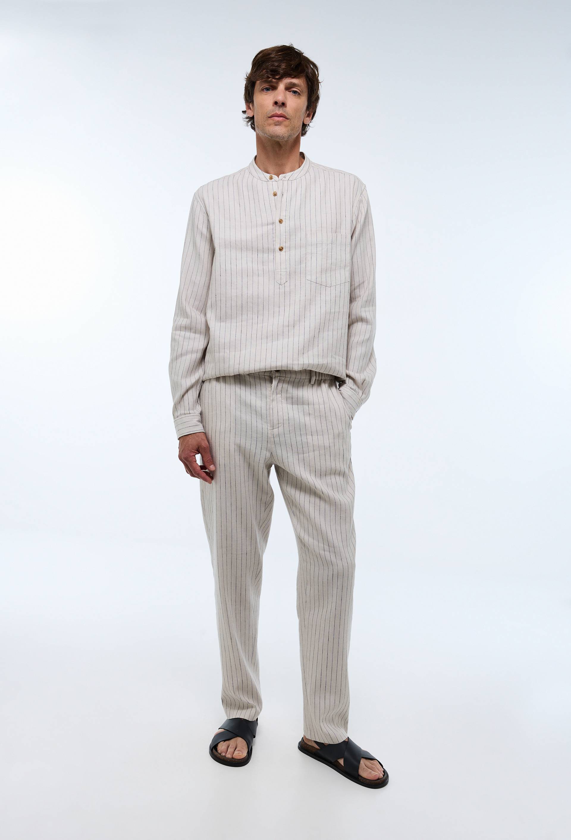 Pantalon taille &eacute;lastiqu&eacute;e en lin et coton, Ecru, large image number 2