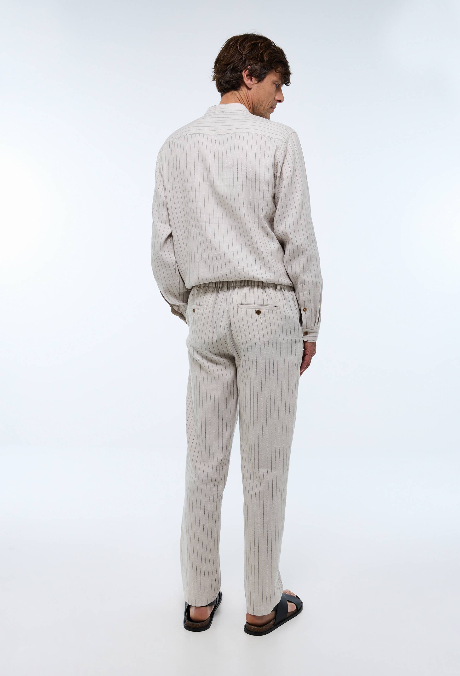 Pantalon taille &eacute;lastiqu&eacute;e en lin et coton, Ecru, large image number 3