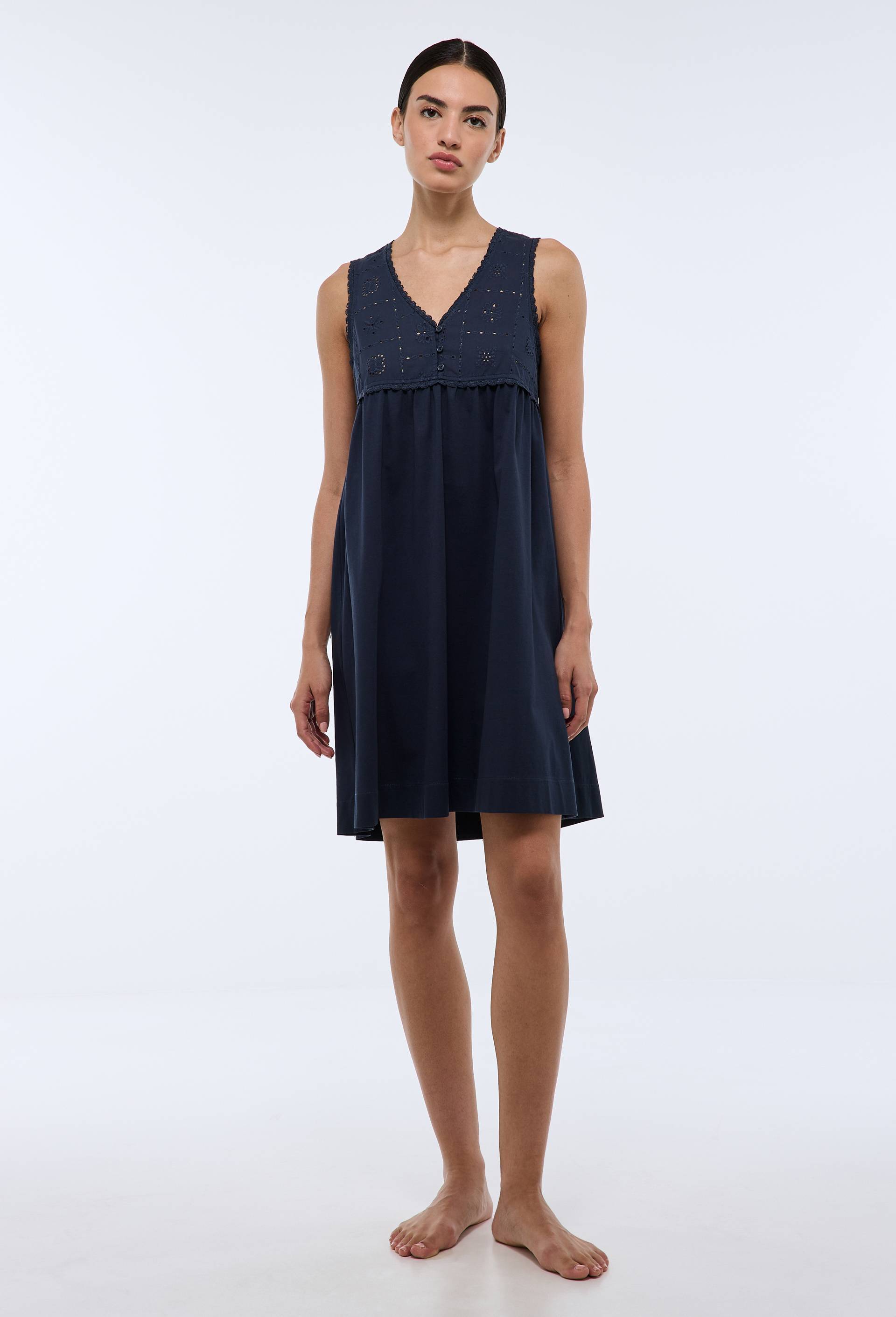 Chemise de nuit unie bi-mati&egrave;re en coton, Bleu fonc&eacute;, large image number 0