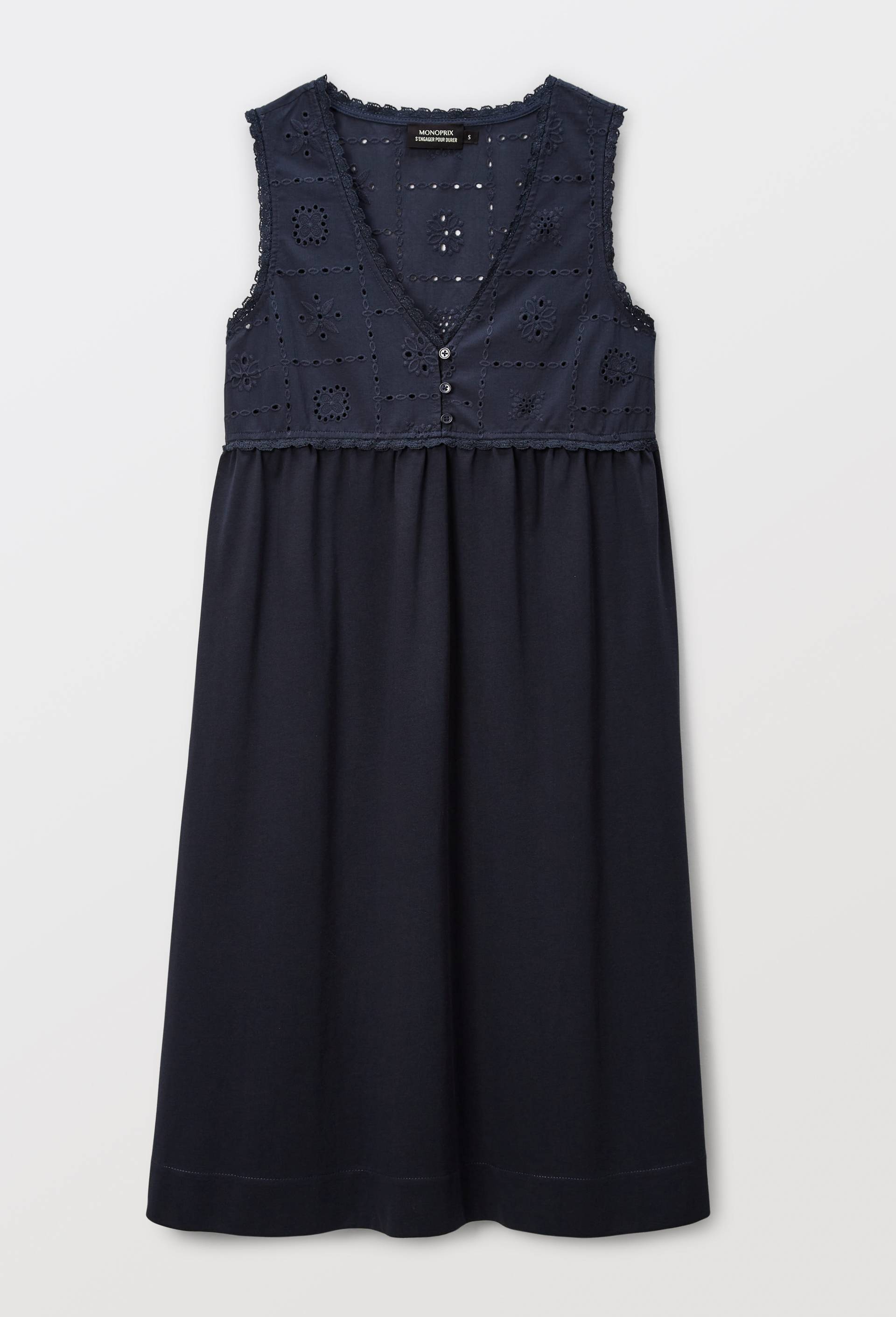 Chemise de nuit unie bi-mati&egrave;re en coton, Bleu fonc&eacute;, large image number 2