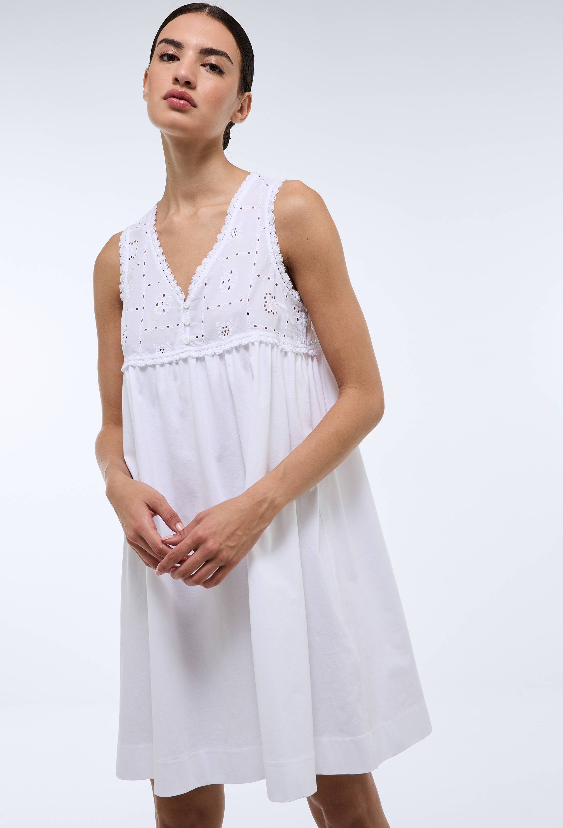 Chemise de nuit unie bi-mati&egrave;re en coton, Blanc, large image number 0
