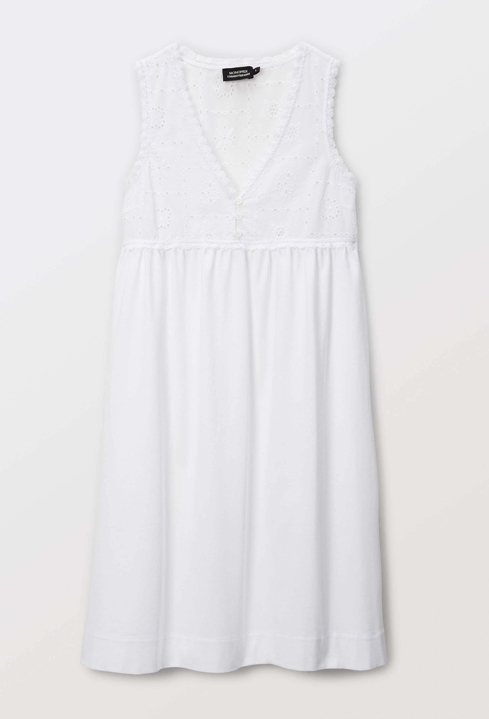 Chemise de nuit unie bi-mati&egrave;re en coton, Blanc, large image number 2.0