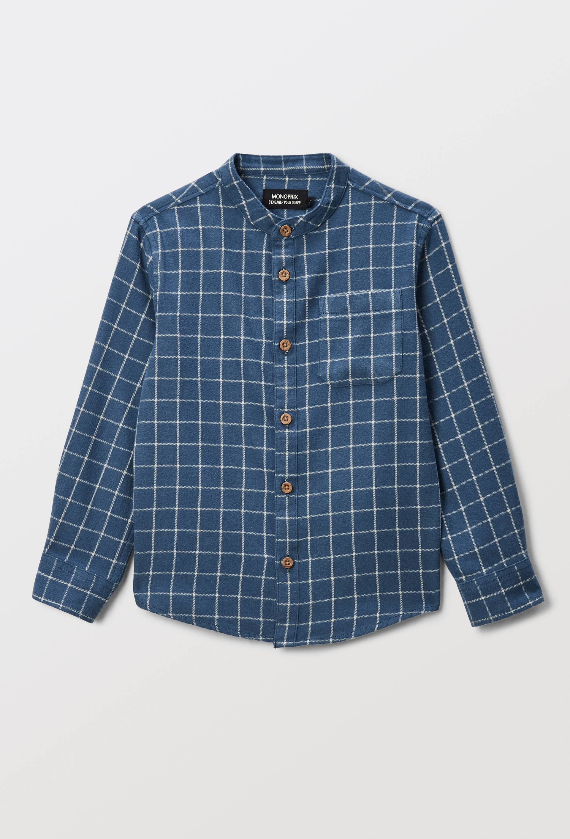 Chemise col mao &agrave; carreaux en coton, Bleu fonc&eacute;, large image number 0