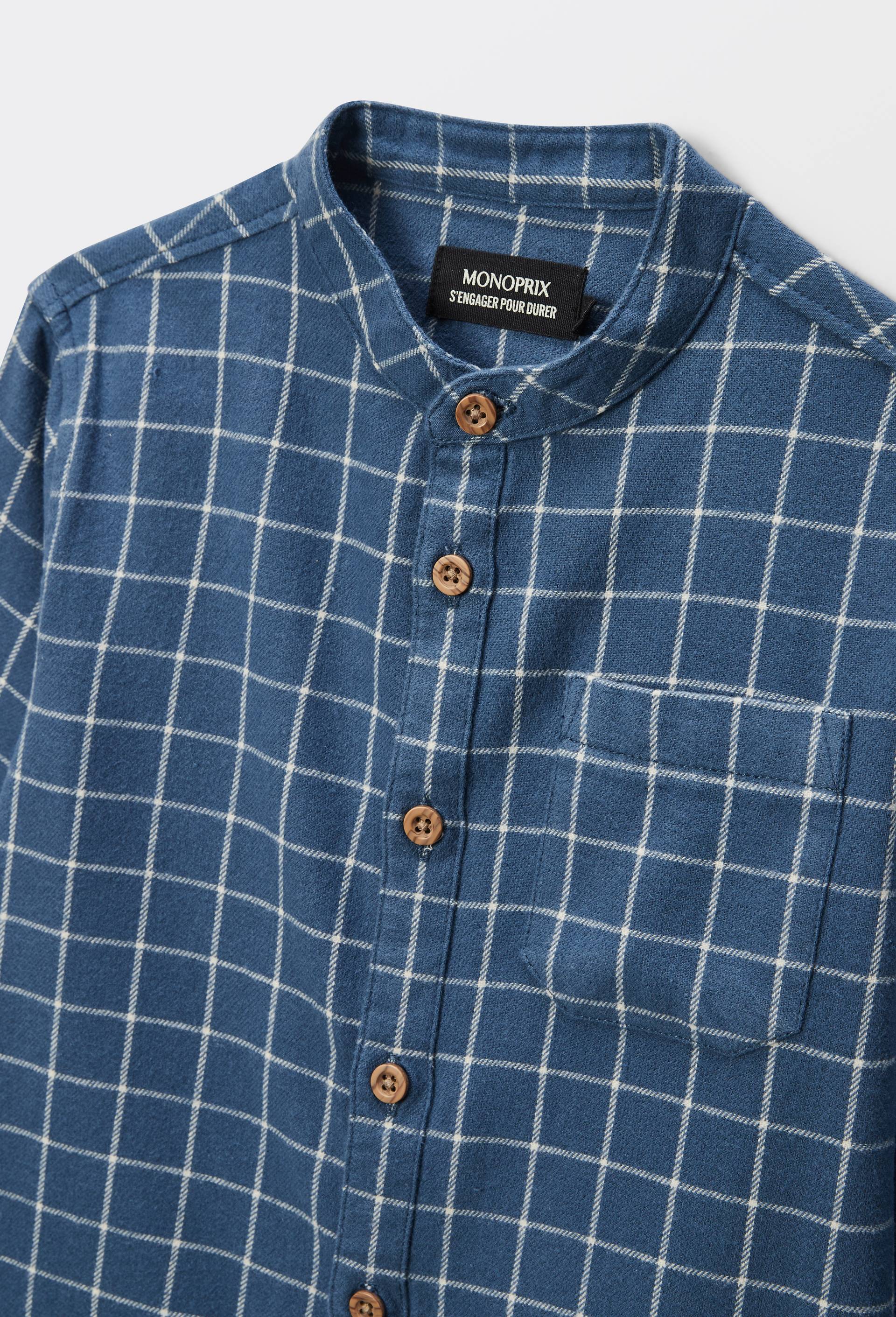 Chemise col mao &agrave; carreaux en coton, Bleu fonc&eacute;, large image number 2
