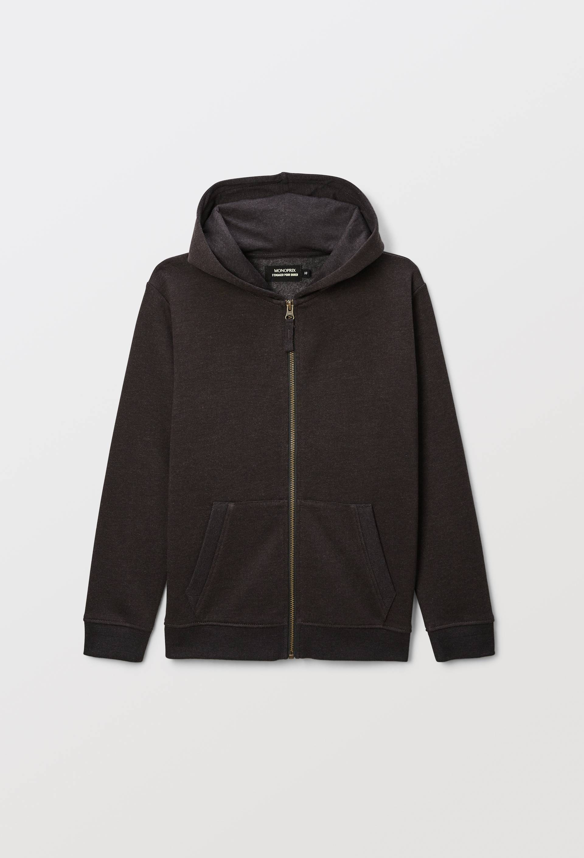 Sweat &agrave; capuche avec zip uni en coton BIO GOTS, Gris fonc&eacute;, swatch image