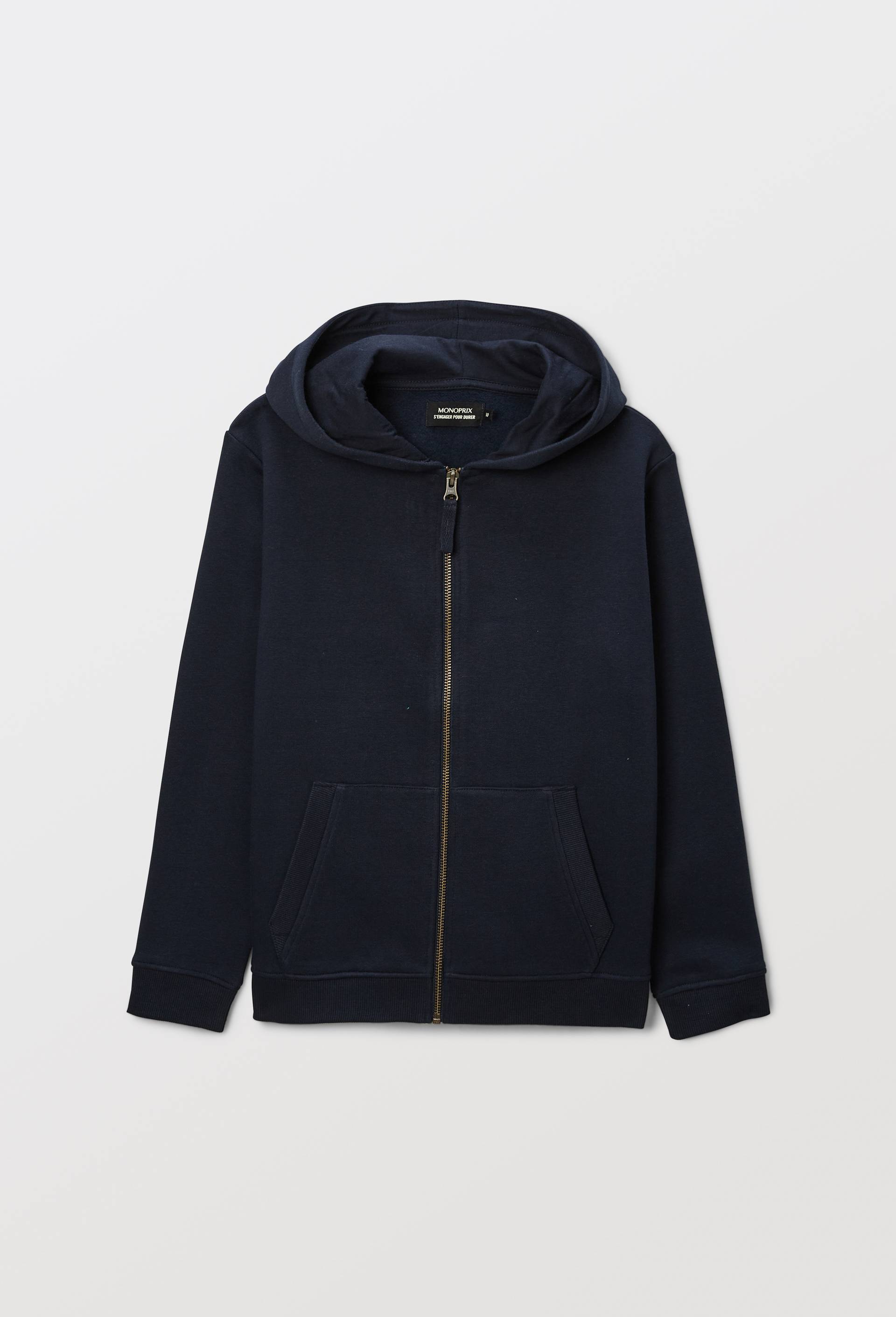 Sweat &agrave; capuche avec zip uni en coton BIO GOTS, Bleu fonc&eacute;, large image number 0