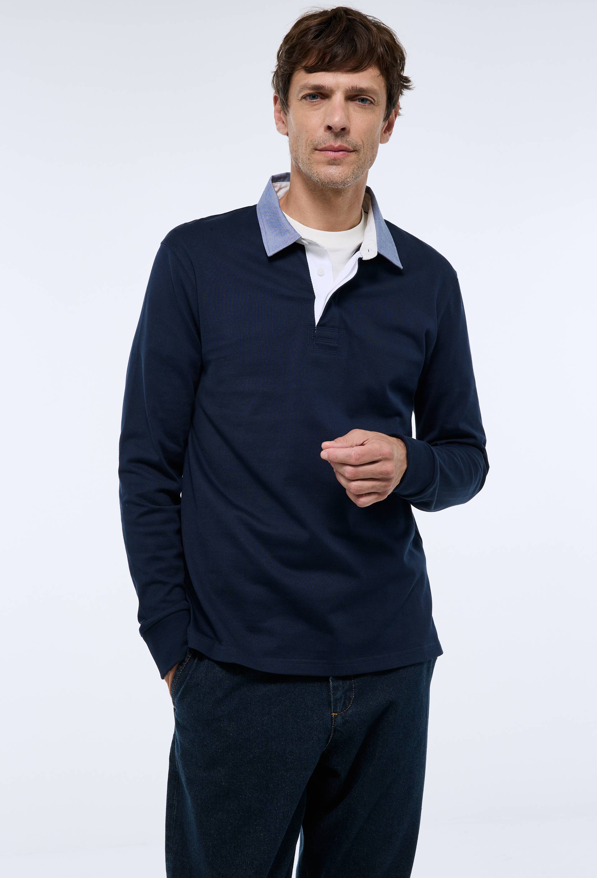 Polo manches longues en coton interlock BIO GOTS, Bleu fonc&eacute;, swatch image