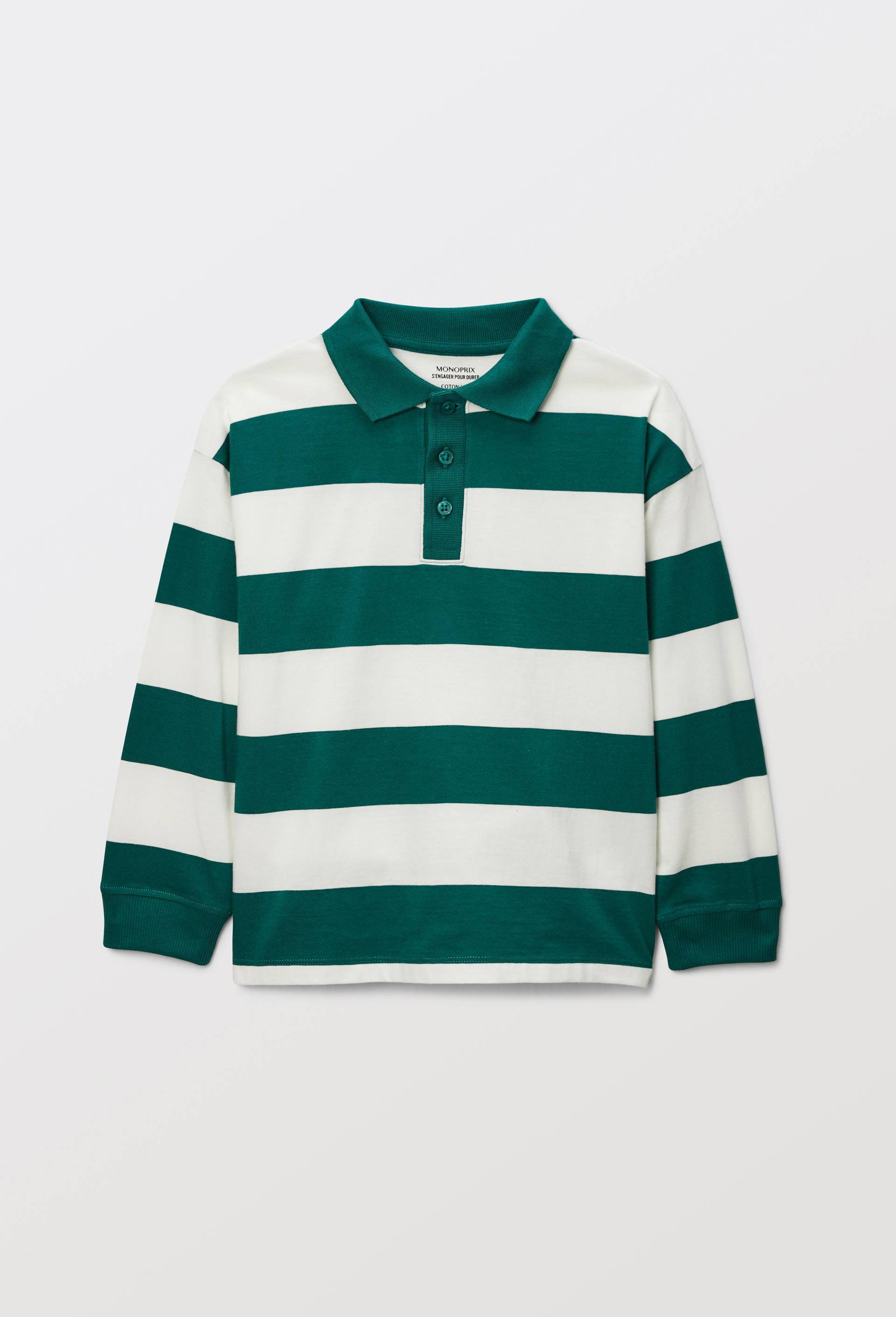 Polo manches longues rayé contenant du coton BIO GOTS VERT FONCE