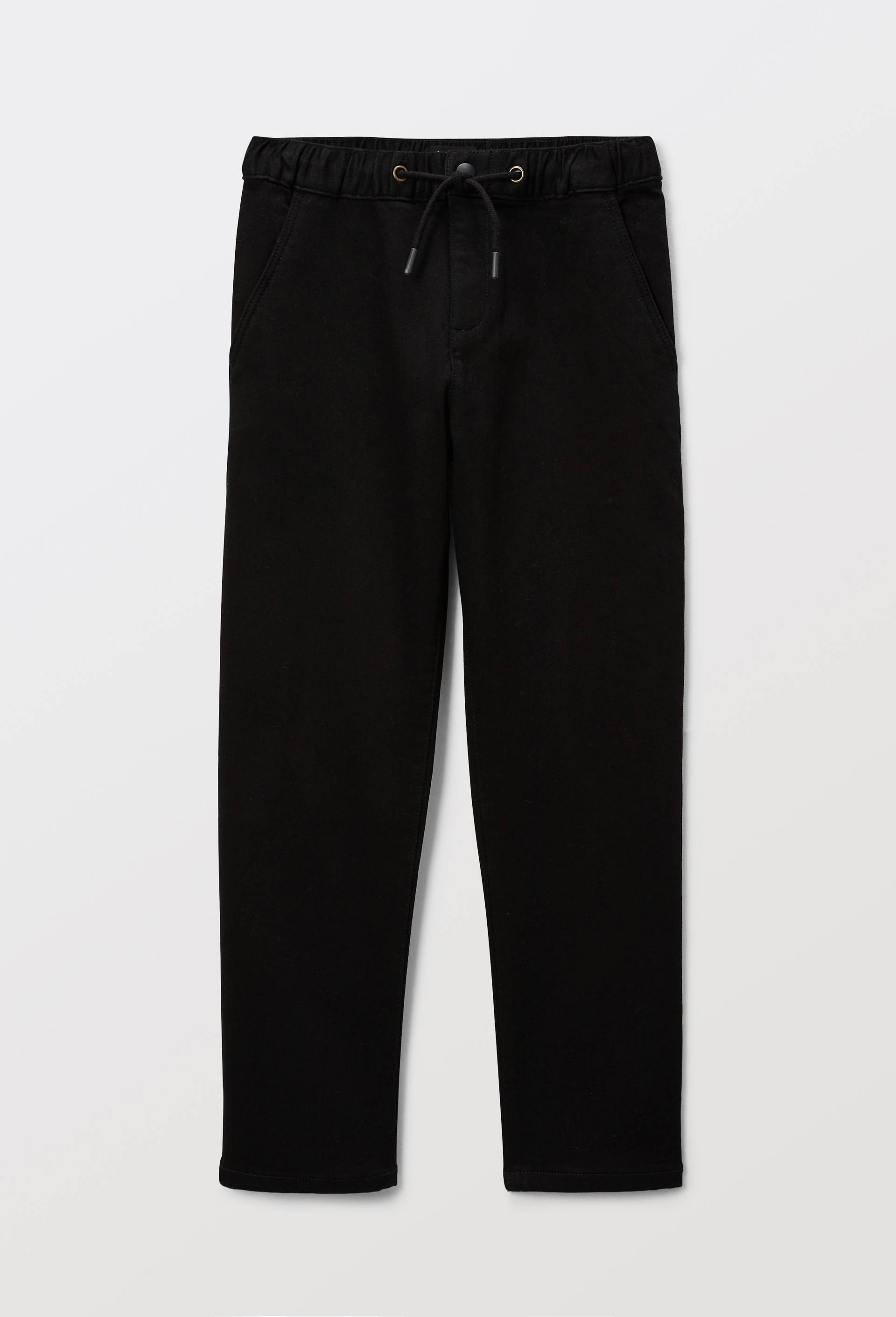 Pantalon droit taille &eacute;lastiqu&eacute;e en maille confort effet denim contenant du coton, Noir, large image number 0