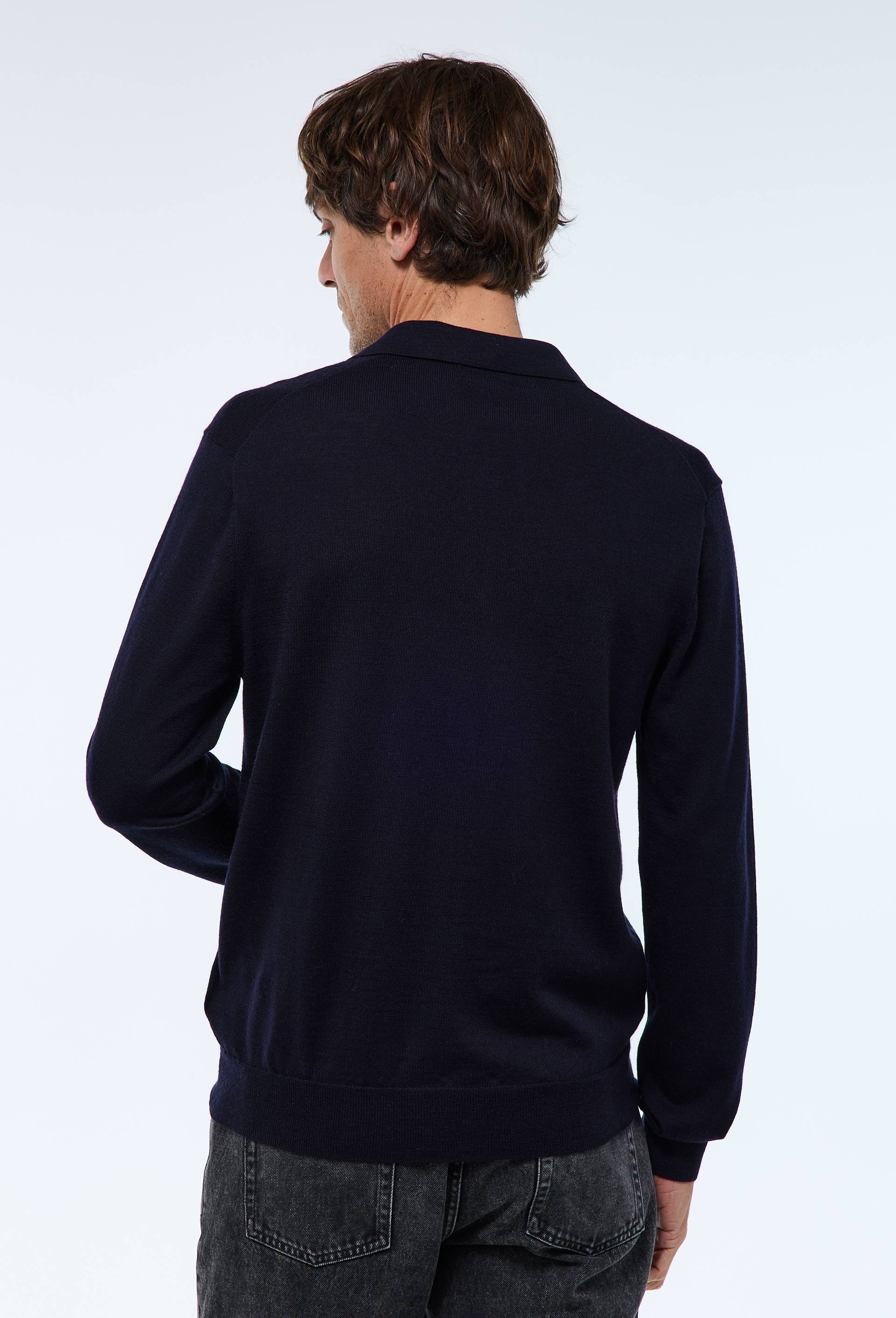 Pull col polo en laine m&eacute;rinos, Bleu fonc&eacute;, large image number 1
