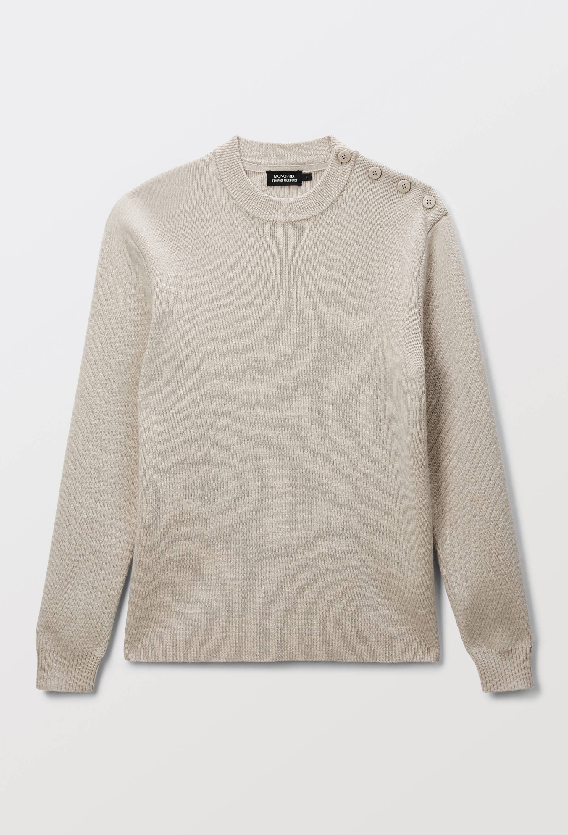 Pull col rond boutonn&eacute; contenant de la laine, Beige clair, large image number 2