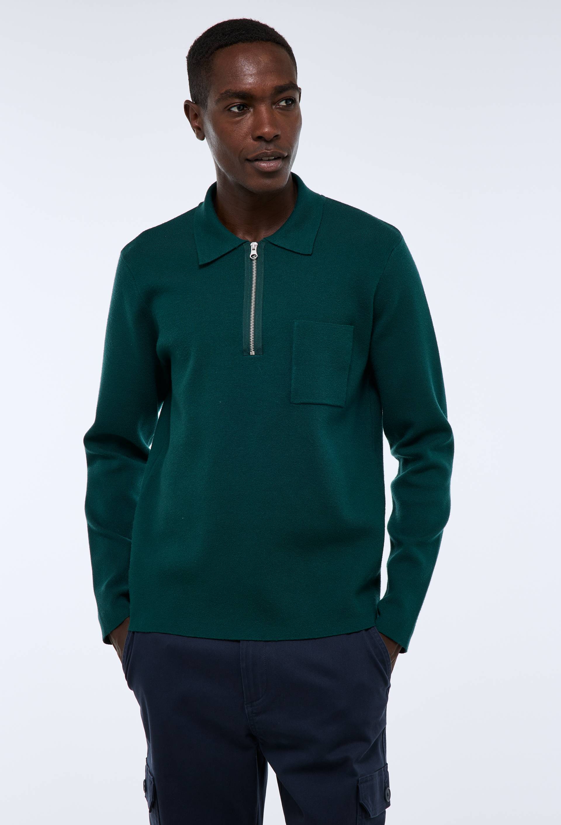 Pull col polo zipp&eacute;, Vert fonc&eacute;, swatch image