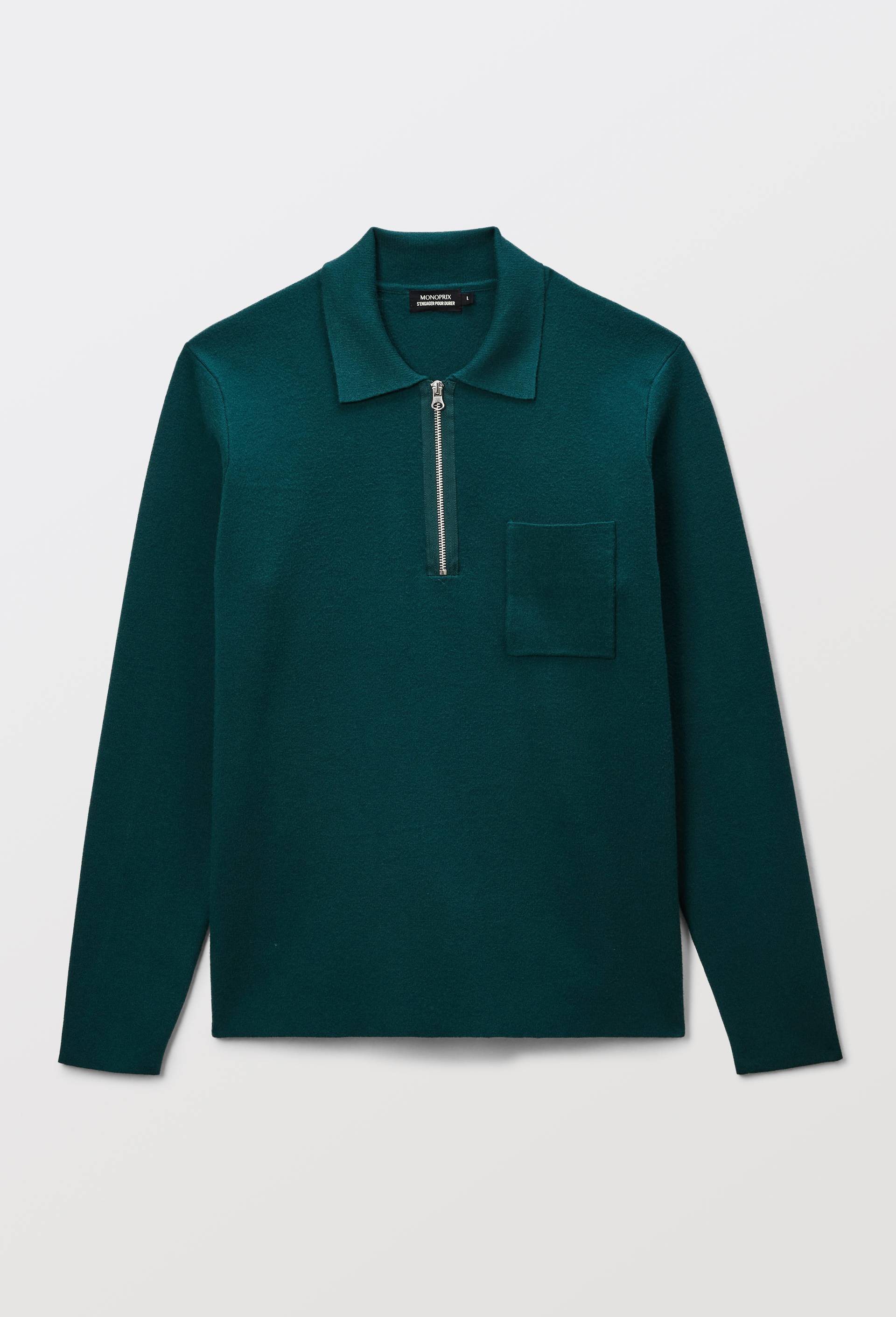 Pull col polo zipp&eacute;, Vert fonc&eacute;, large image number 2.0