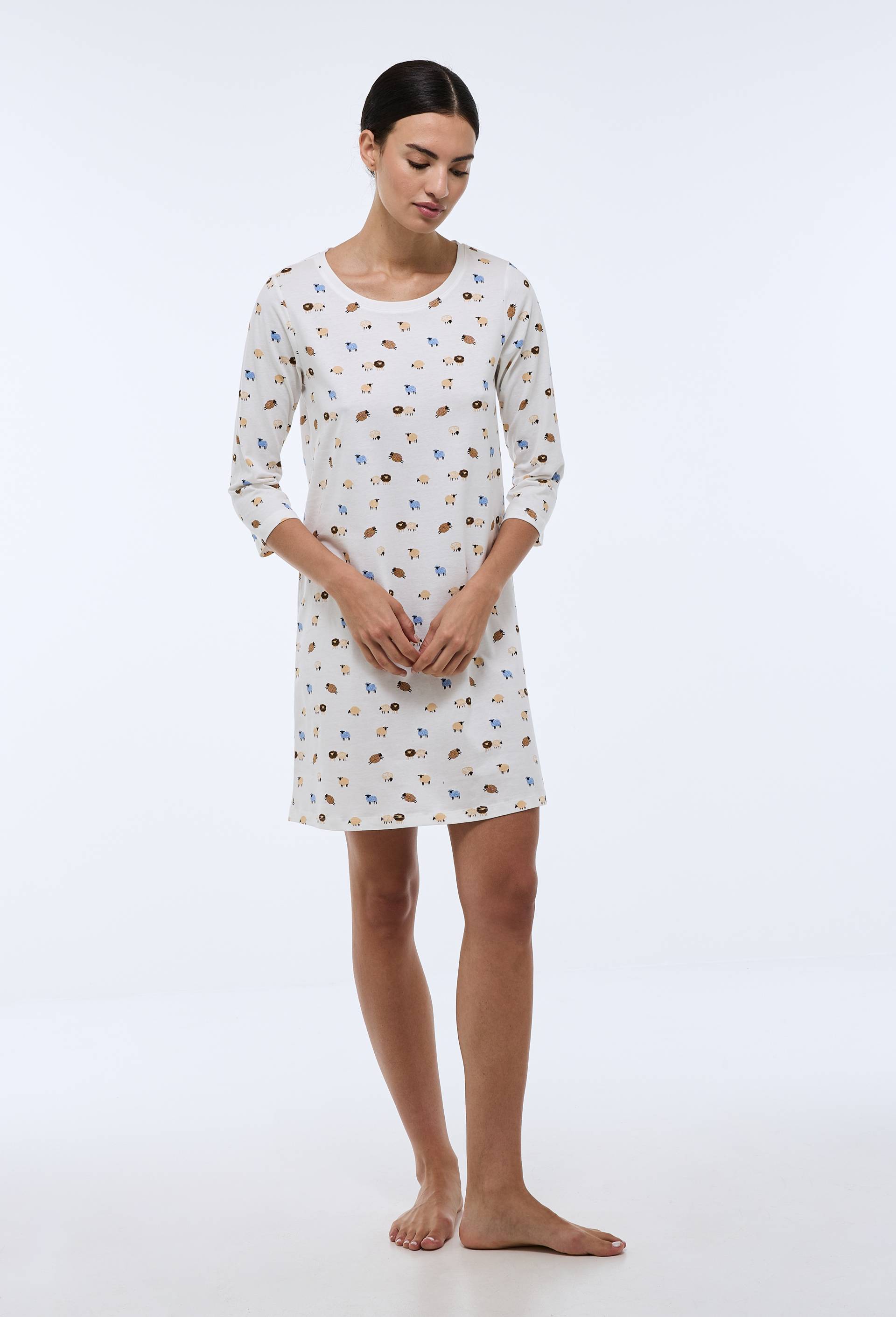 Chemise de nuit manches 3/4 imprim&eacute;e en coton BIO GOTS, Ecru, large image number 0