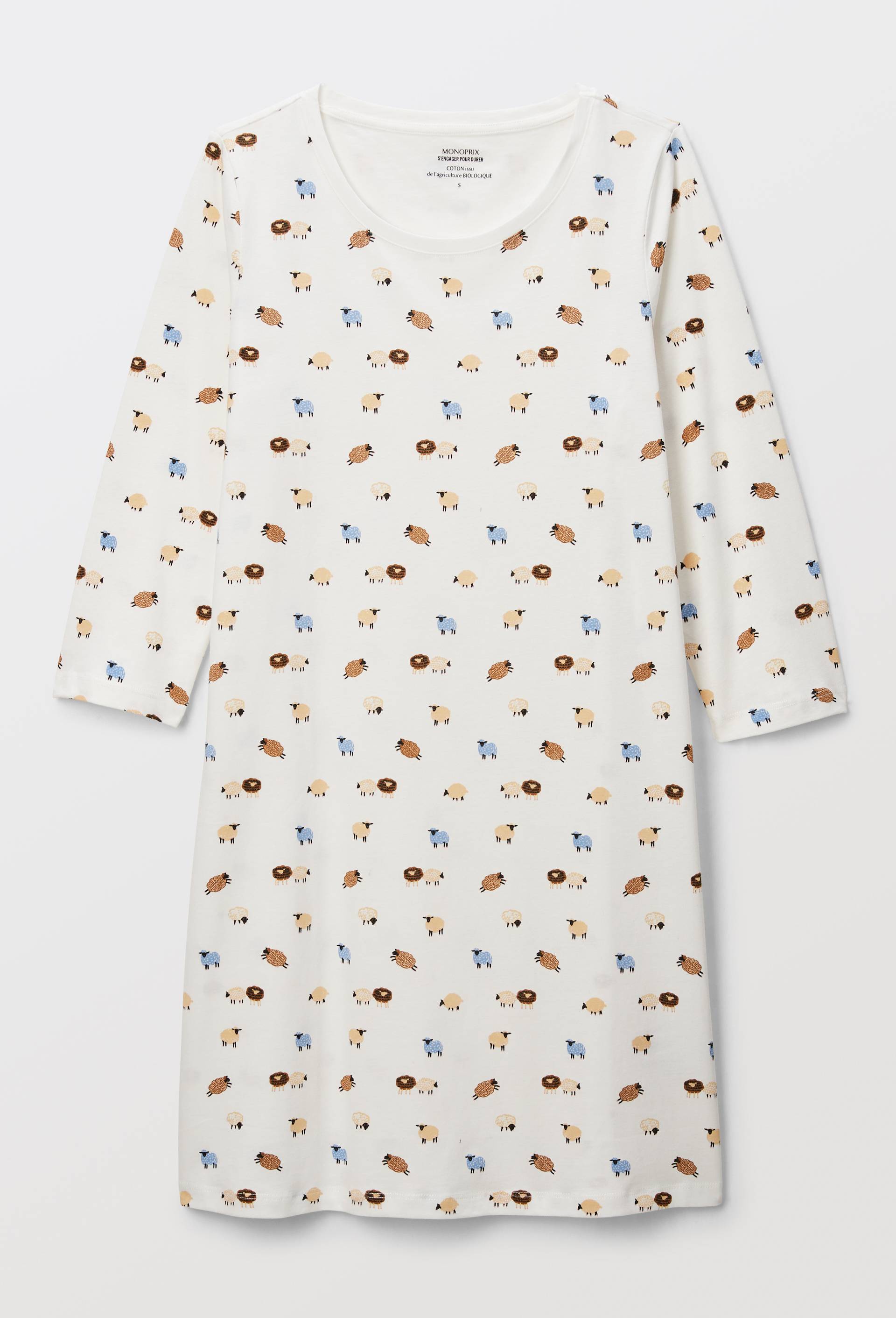Chemise de nuit manches 3/4 imprim&eacute;e en coton BIO GOTS, Ecru, large image number 2.0